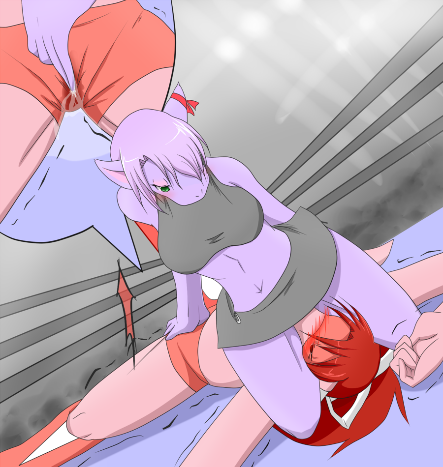 anthro blush boots closed_eyes clothed clothing facesitting female fingering fur furry hair hair_over_eye lying navel pussy_juice red_hair skirt tsubasa1110 wrestling