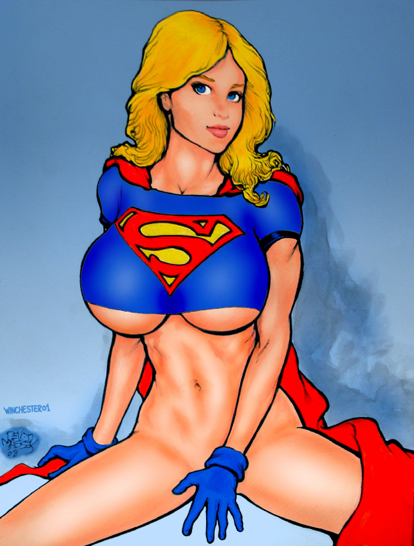 1girls blonde_eyebrows blonde_hair blue_eyes bottomless breasts busty cape cleavage clothes colorized dc devon_massey eyebrows eyebrows_behind_hair eyeliner female female_only front_view gloves hand_covering_pussy huge_breasts kryptonian lipstick makeup navel no_bra no_bra_under_clothes no_panties signature solo supergirl tagme underboob voluptuous winchester01