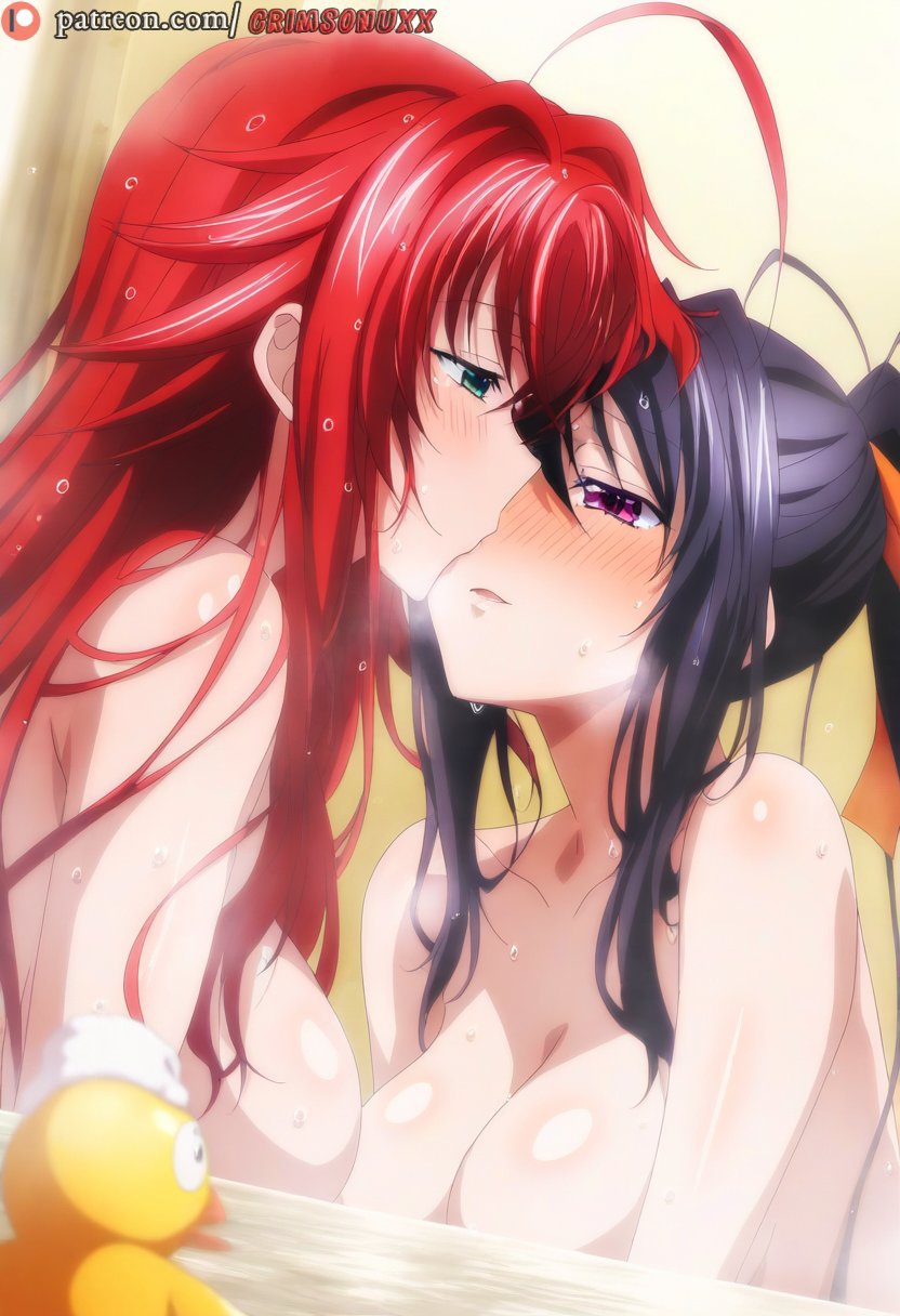 2girls ahoge ai_generated akeno_himejima bathing bathing_together bathroom black_hair couple crimson_hair female_only flushed hair_ribbon high_school_dxd kissing large_breasts lesbian light_skin looking_at_each_other nude orange_ribbon ponytail rias_gremory sky_blue_eyes steam very_long_hair violet_eyes wet yuri