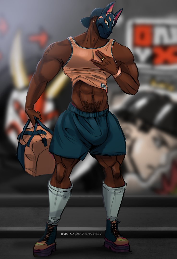 2d 2d_(artwork) baseball_cap black_male boots bulge color dark-skinned_male dark_skin drift_(fortnite) fortnite fortnite:_battle_royale gold_jewelry graffiti graffiti_on_wall illustration piercing pubes solo_male street tattoo vikifox_(artist)