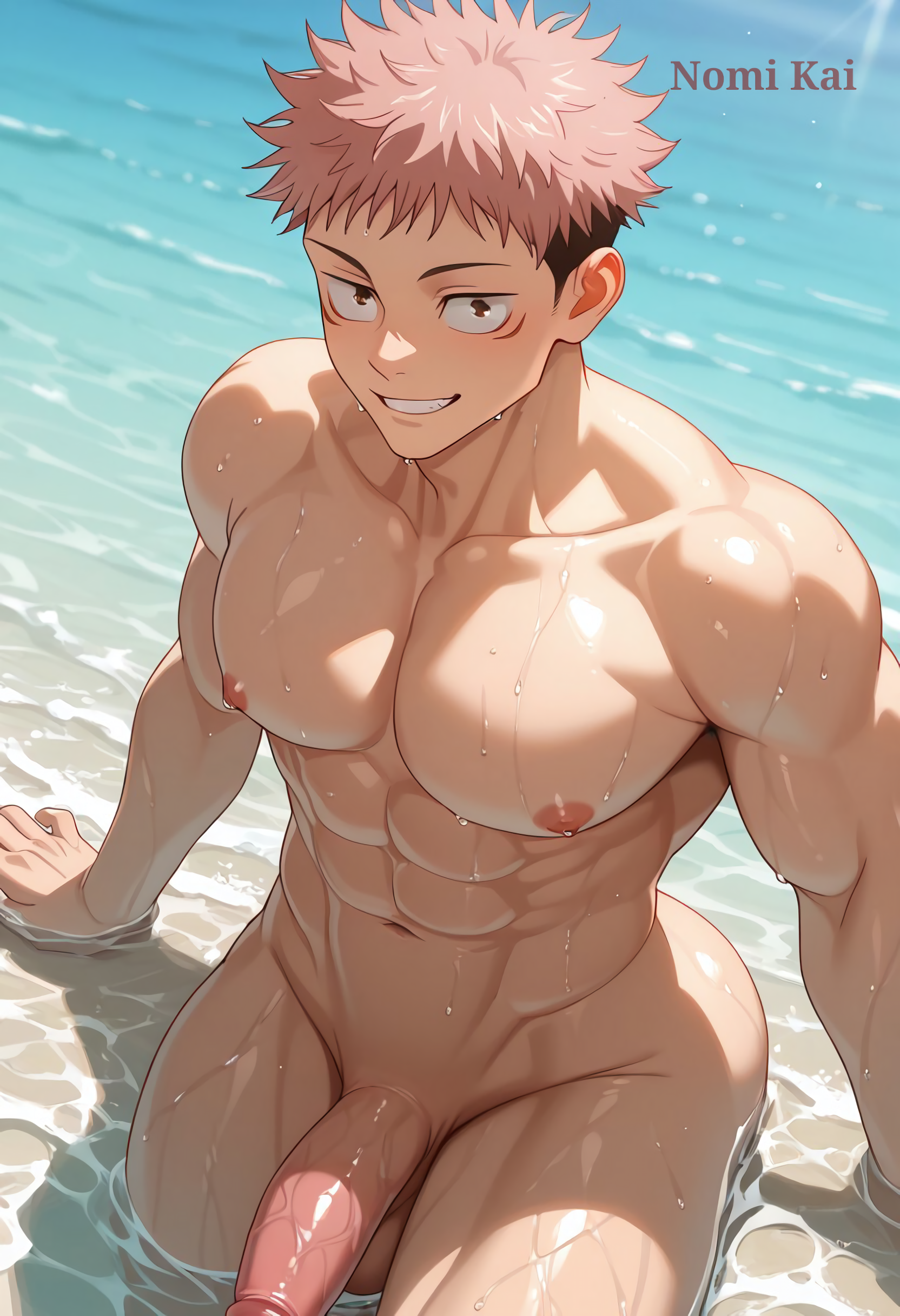 ai generated, beach, gay, itadori yuuji, jujutsu kaisen, male, male focus, male only, nomi kai, penis, summer, yaoi