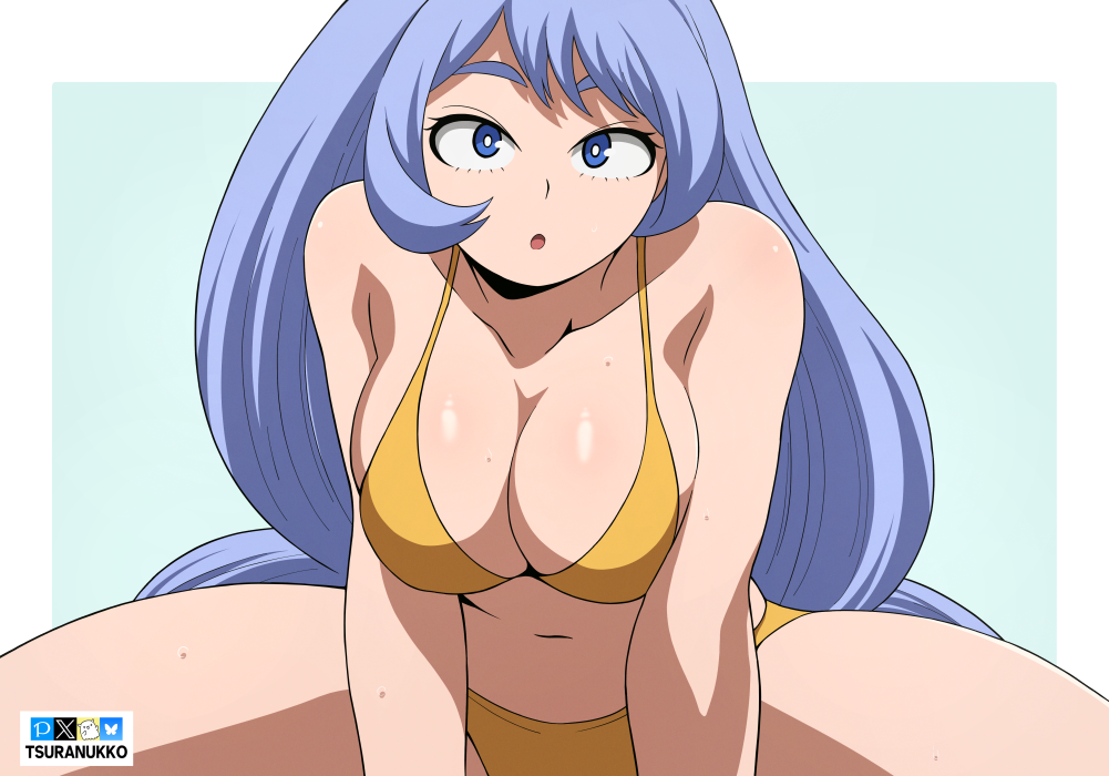 1girls big_breasts bikini blue_eyes blue_hair breasts female female_focus female_only long_hair looking_at_viewer my_hero_academia nejire_hado open_mouth solo solo_female solo_focus sweat swimsuit thick_thighs thighs tsuranukko watermark