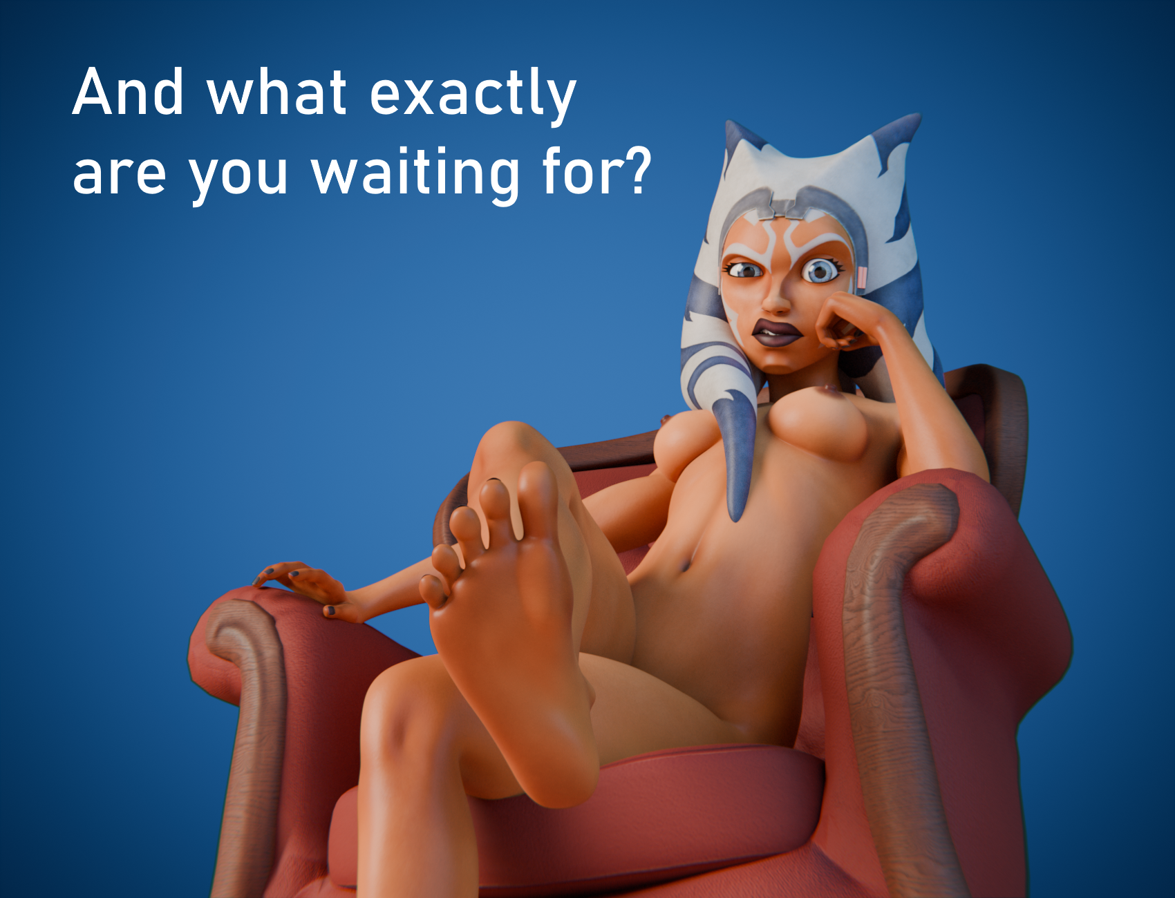 ahsoka tano, airress3d (3d-modeller), barefoot, breasts, disgusted, feet, female, female only, femdom, foot fetish, humiliation, medium breasts, nude, simple background, sitting, sitting on chair, solo, star wars, text