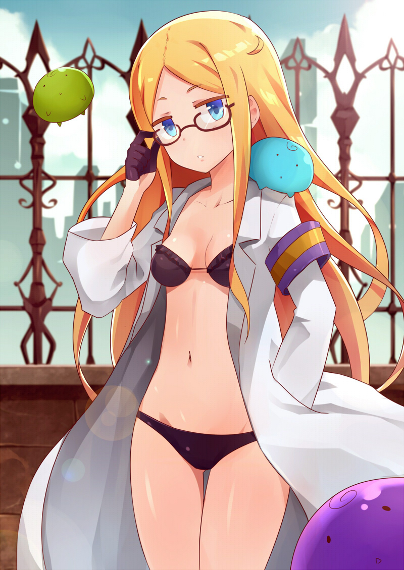 adjusting_hair black_bra black_panties blonde_hair blue_eyes bra clothing female glasses gloves hand_in_pocket labcoat long_hair looking_at_viewer mmrailgun natasha_(sekai_seifuku) navel panties parted_lips sekai_seifuku:_bouryaku_no_zvezda small_breasts solo underwear