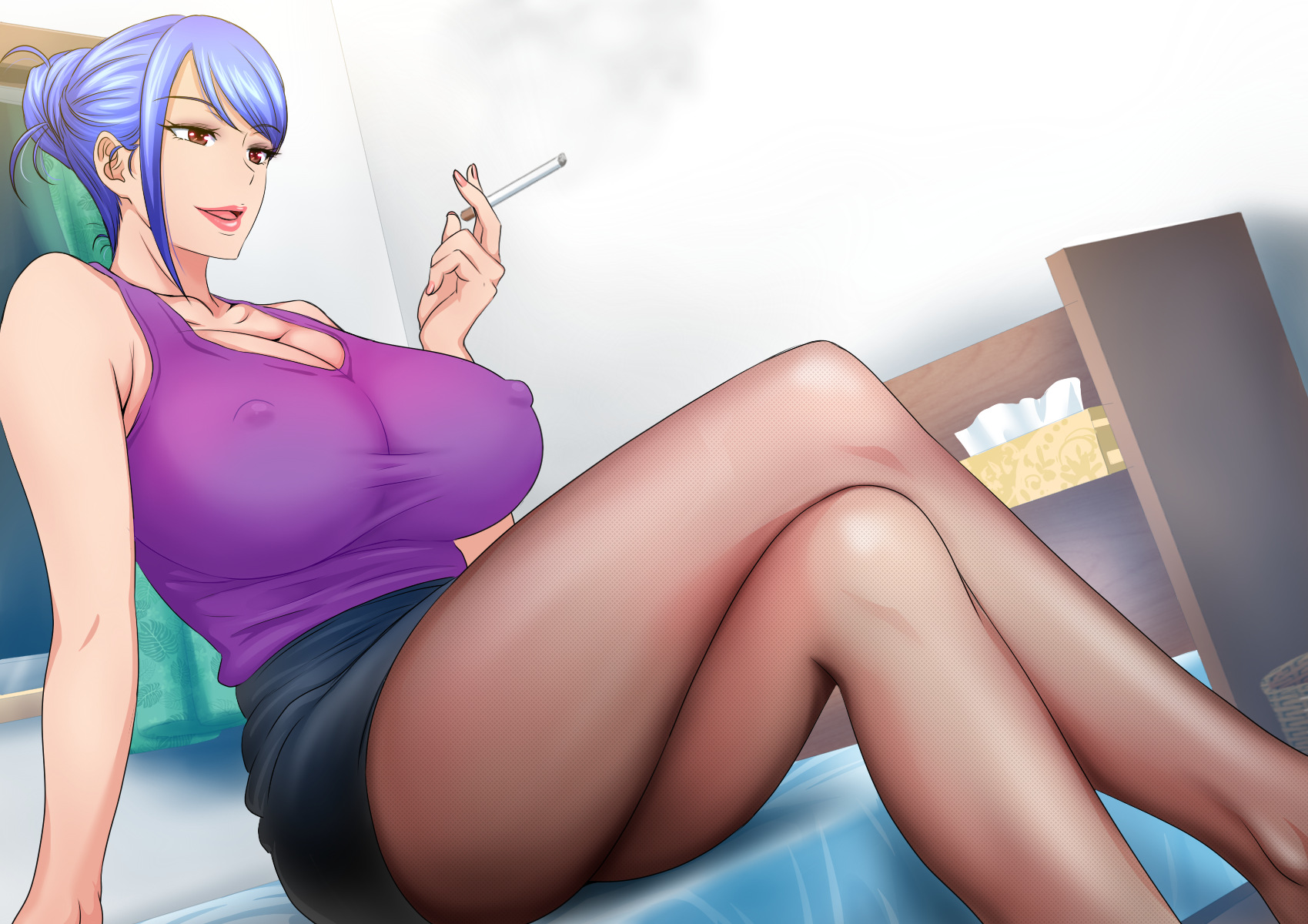 1girls, armpits, ass, bed, bed sheet, bedroom, blouse, blue hair, breasts, brown eyes, cigarette, cleavage, clothed, crossed legs, curvaceous, curvy, female, holding cigarette, horny, huge breasts, human, indoors, large breasts, lipstick, mature, mature female, milf, nipple bulge, no bra, pantyhose, sitting on bed, skirt, smoke, smoking, solo, solo female, source request, thick thighs, tied hair, upside-down (artist), wide hips