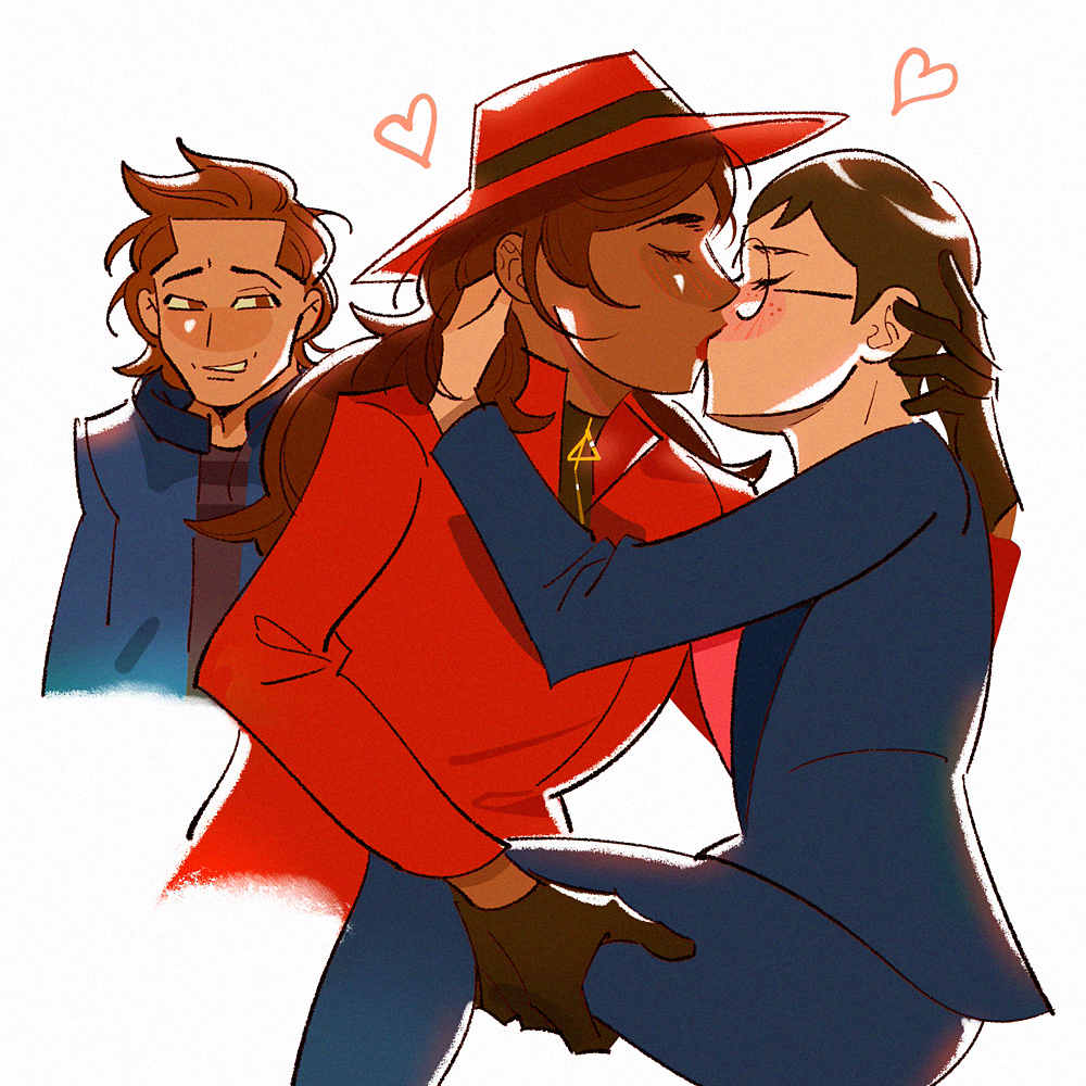 1boy 2girls affection affectionate artist_request blue_clothing brown_hair carmen_sandiego carmen_sandiego_(2019) carmen_sandiego_(franchise) chocolate_and_vanilla closed_eyes clothing coat female female_focus freckles gay glasses gloves hat heart interracial julia_argent julia_argent_(carmen_sandiego) kissing leg_lift long_hair multiple_girls red_clothing red_coat red_hat red_outfit short_hair standing third_wheel white_background wholesome yuri