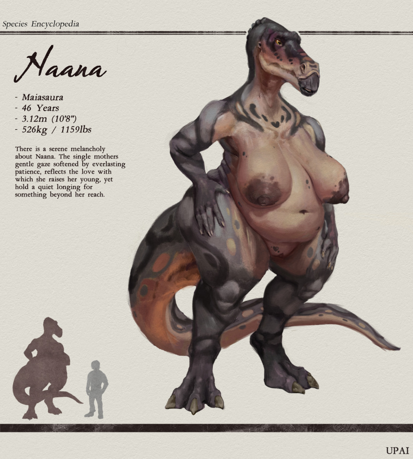 anthro areola belly big_breasts breasts digital_media_(artwork) dinosaur english_text female full-length_portrait genitals haana_(upai) hadrosaurid hi_res maiasaura male navel nipples nude ornithischian ornithopod portrait prehistoric_species pussy reptile scales scalie solo species_encyclopedia_(upai) standing text upai