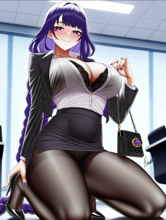 1girls ai_generated black_jacket bra braided_hair female_only genshin_impact heels huge_breasts long_hair pantyhose purple_eyes purple_hair raiden_shogun shoes smile solo_female