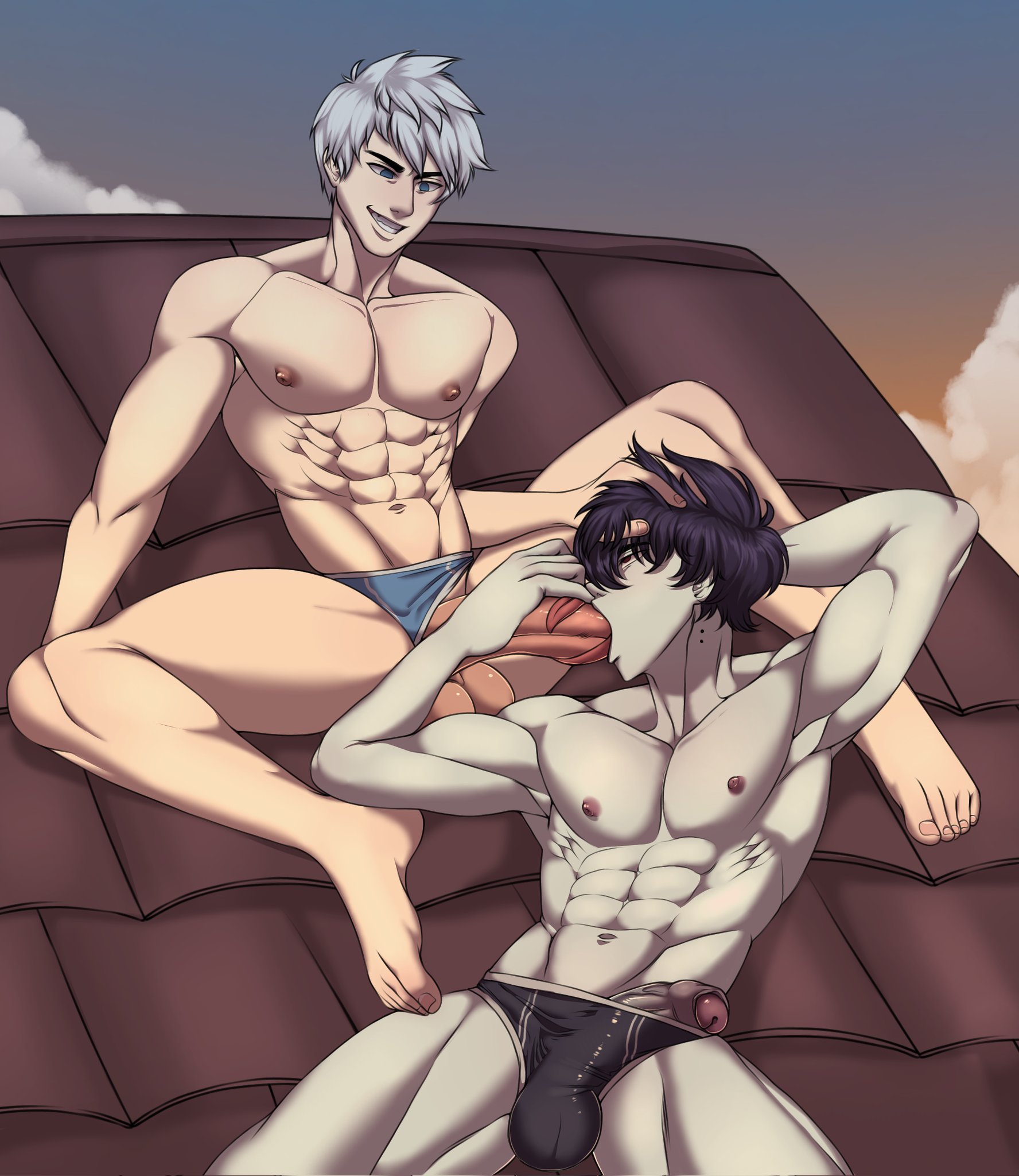 black hair, blowjob, blowjob face, dominant, emo, erection, erotic, gay, gay sex, jack frost, jfb16, lingerie, male, marshall lee, modcut, muscles, muscular, muscular male, pectorals, sex, vampire, white, white body, white hair, yaoi