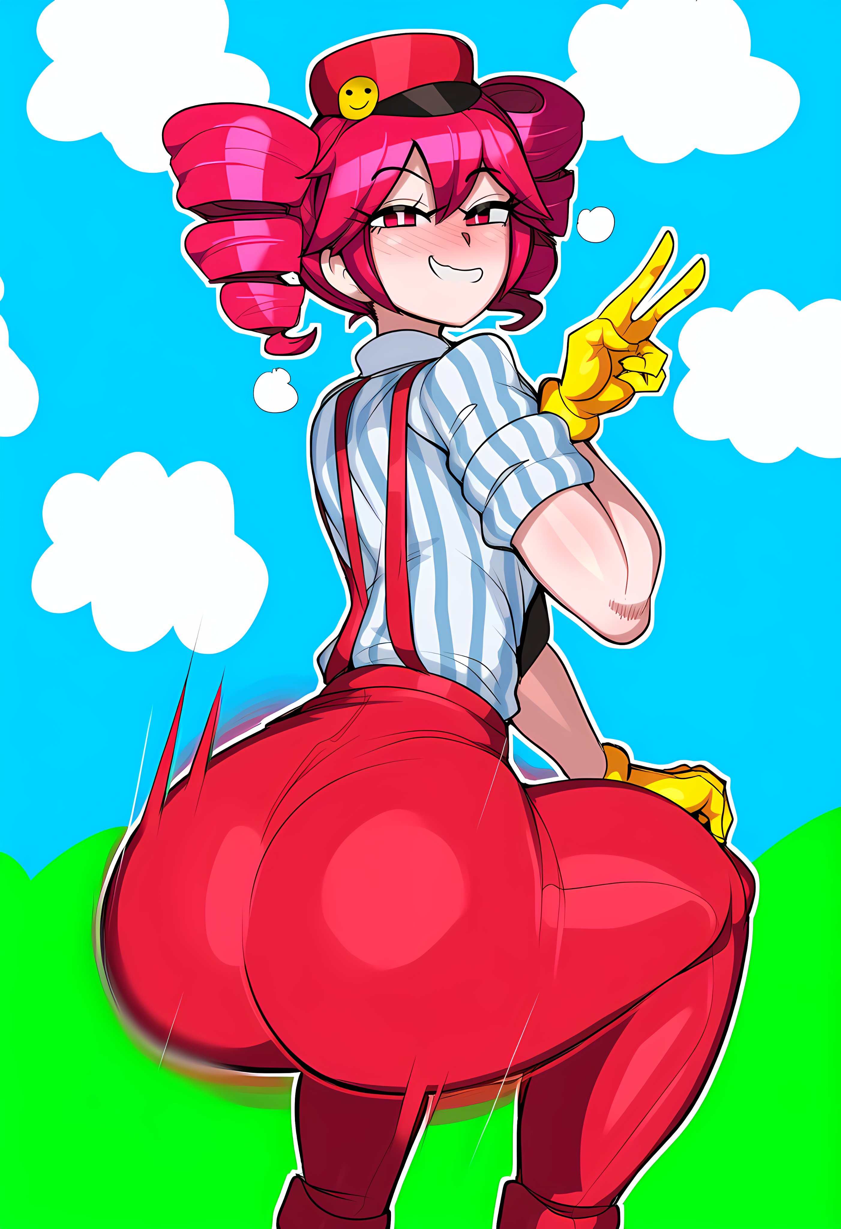 1girls, ai generated, ass, ass focus, ass shake, back view, big ass, big breasts, big thighs, blouse, blush, bottom heavy, breasts, bubble butt, clothed, clothed female, clothing, curvaceous, curvy, curvy female, curvy figure, fat ass, fat thighs, female, female only, fully clothed, gloves, gluteal fold, hand on thigh, hat, high waisted pants, high-waist pants, hips wider than shoulders, huge ass, huge thighs, icicleseeker, jiggle, jiggling ass, kasane teto, kasane teto (sv), large ass, large breasts, large thighs, looking at viewer, looking back, massive ass, mesmerizer (vocaloid), mesmerizer teto, motion lines, mv character, necktie, pants, peace sign, plump, plump ass, plump thighs, red eyes, red hair, shiny clothes, shiny skin, shirt, simple background, skin tight, slim waist, smile, smug, smug face, smug grin, solo, solo female, squatting, striped shirt, suspenders, synthesizer v, thick ass, thick thighs, thighs, tight clothing, tight pants, tight shirt, twerk, twerking, twin drills, utau, voluptuous, voluptuous female, wide hips, wobble, wobbling ass