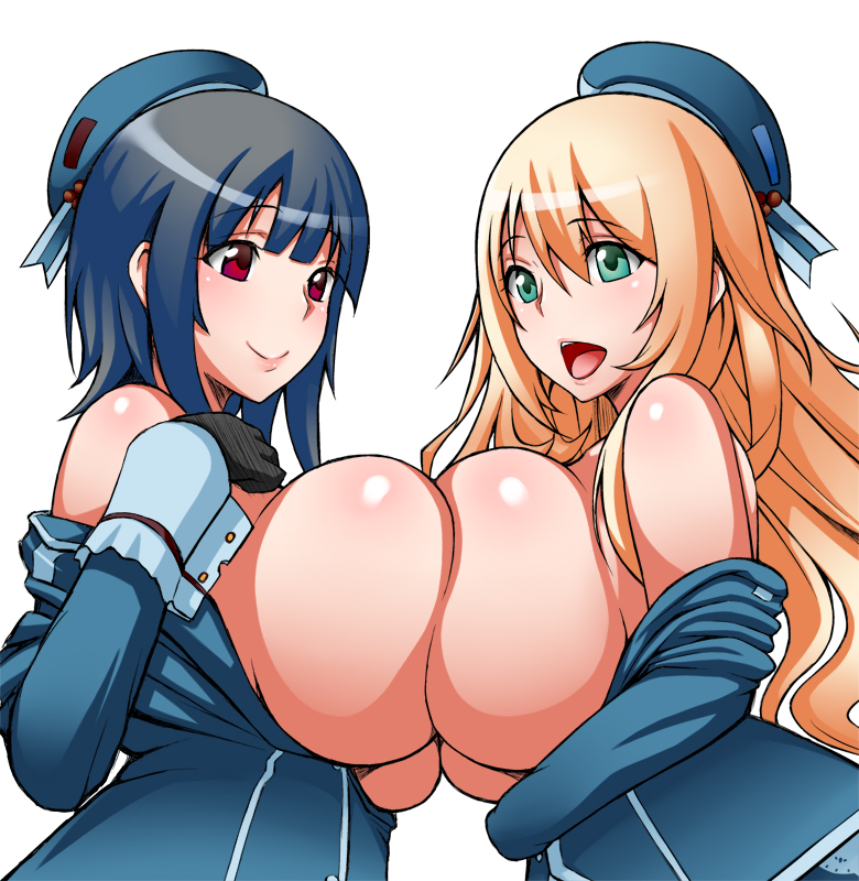 2girls atago_(kantai_collection) black_gloves black_hair blonde_hair blush breast_press breasts breasts_to_breasts female gloves green_eyes hat kantai_collection large_breasts long_hair long_sleeves mizuse_kouichi multiple_girls off_shoulder red_eyes short_hair simple_background smile symmetrical_docking takao_(kantai_collection) white_background yuri