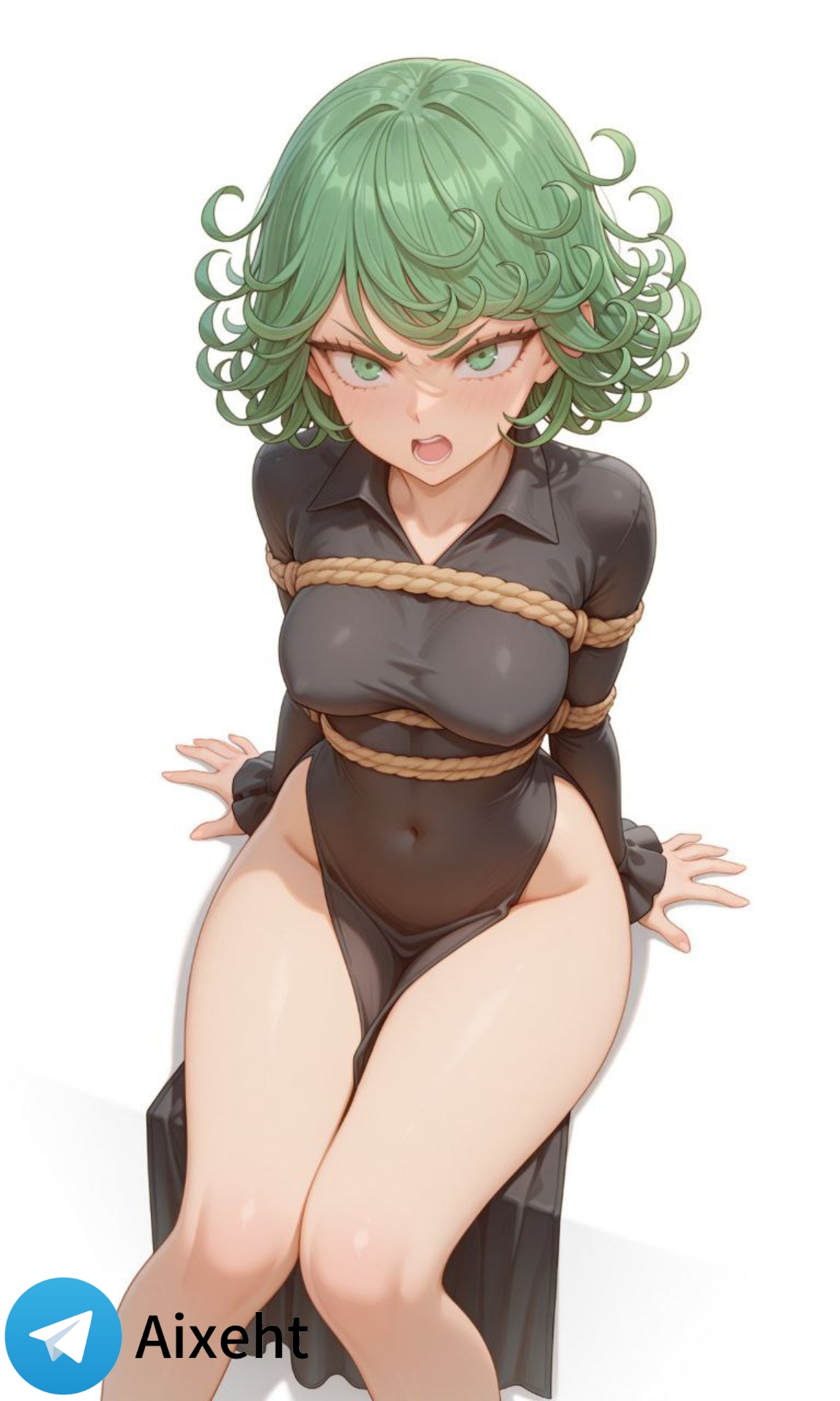 1girls, ai generated, breasts, female, female only, medium breasts, one-punch man, rope, solo, tatsumaki, thighs, tied