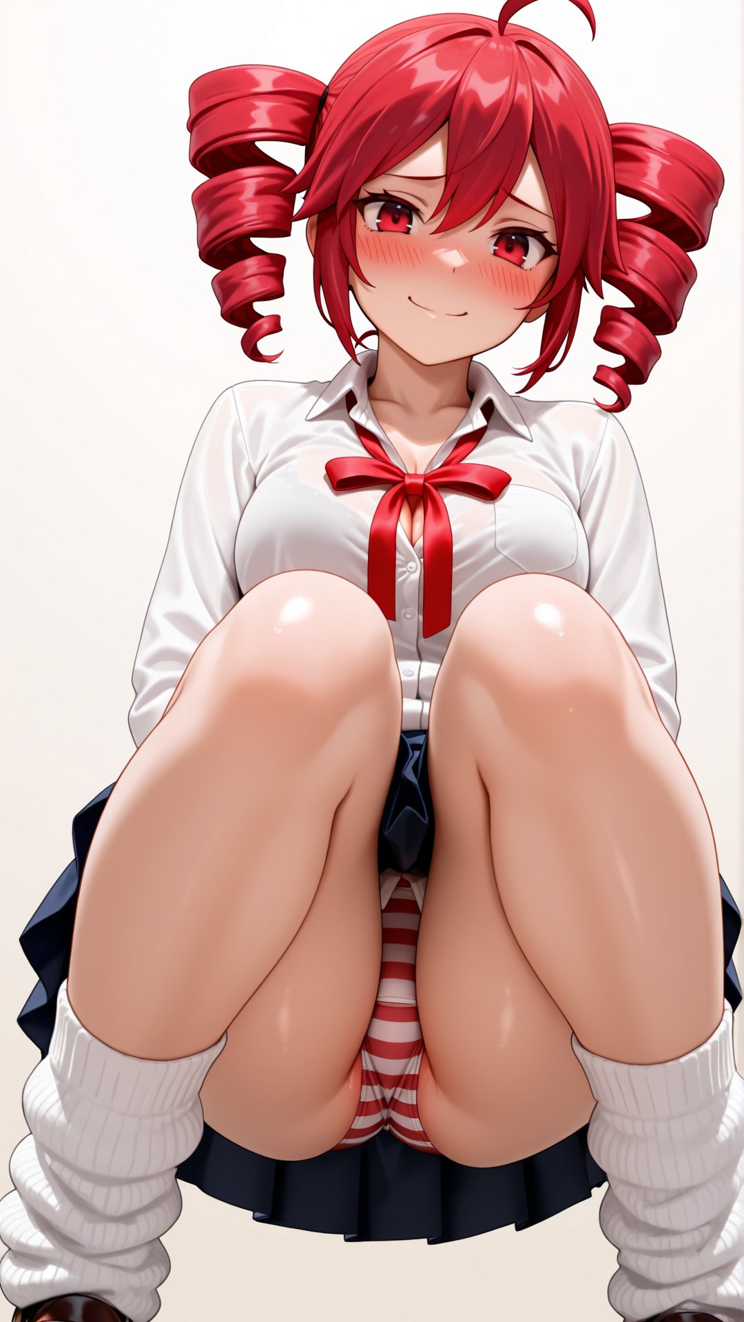 1girls, ahoge, ai generated, ass, ass visible through thighs, big breasts, big thighs, blush, blushing profusely, bow panties, bra, bra visible through clothes, breasts, cameltoe, clothed, clothed female, clothing, curvy, curvy female, curvy figure, embarrassed, embarrassed female, fat pussy, female, female only, flashing, flashing panties, fully clothed, granat ai, kasane teto, knees together, large breasts, large thighs, lifting skirt, looking at viewer, low-angle view, panties, panty peek, pantyshot, petite, petite body, petite female, plump, plump ass, plump labia, plump pussy, plump thighs, pussy, pussy bulge, pussy visible through clothes, red eyes, red hair, school uniform, schoolgirl, shiny skin, simple background, skindentation, skirt, smile, socks, solo, solo female, squatting, striped panties, thick thighs, thighs, twin drills, upskirt, utau, vulva, white background, wide hips