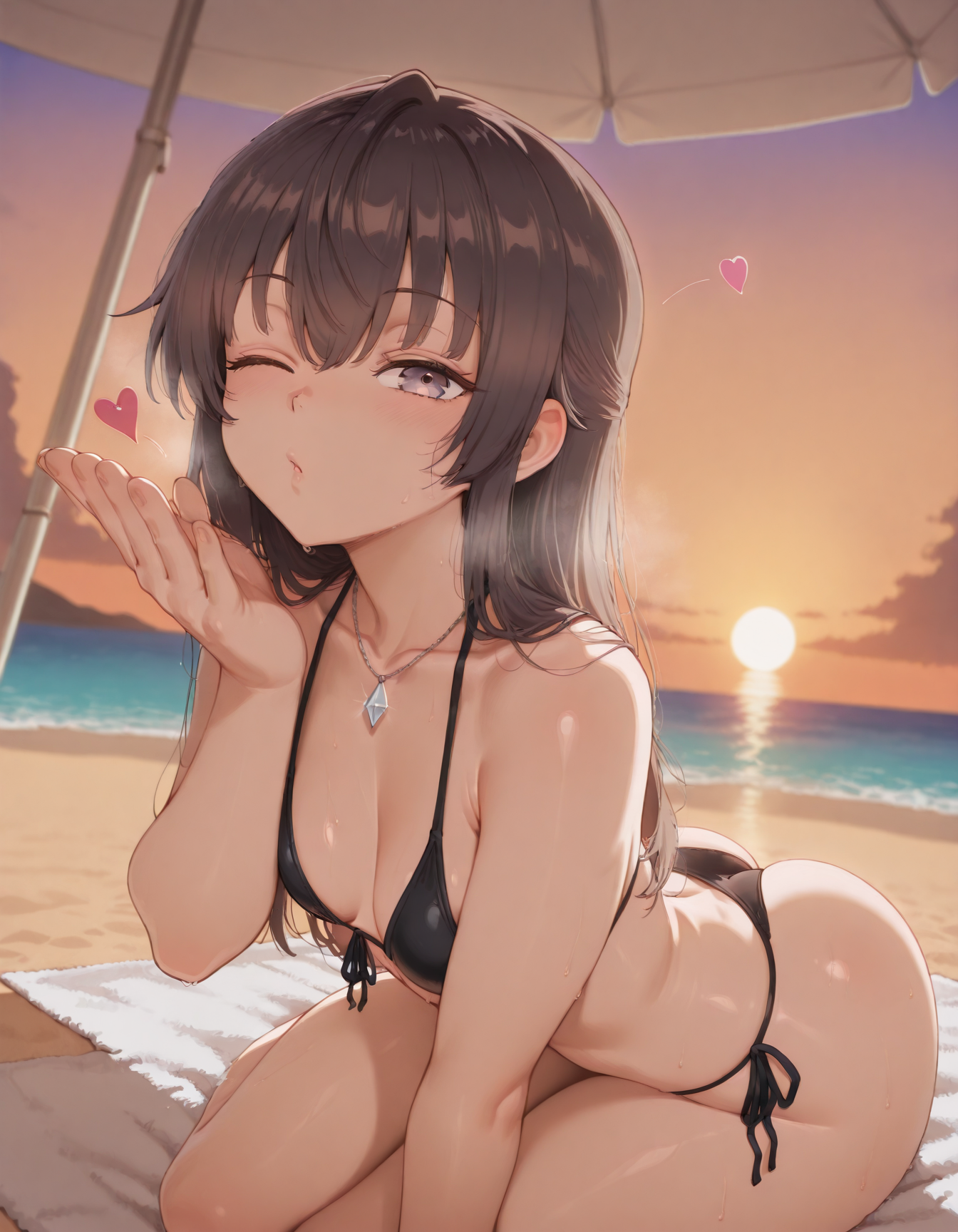 ai generated, bikini, blowing kiss, breasts, brown hair, female, small breasts, stoker ai, suou yuki, tokidoki bosotto russian de dereru tonari no alya-san