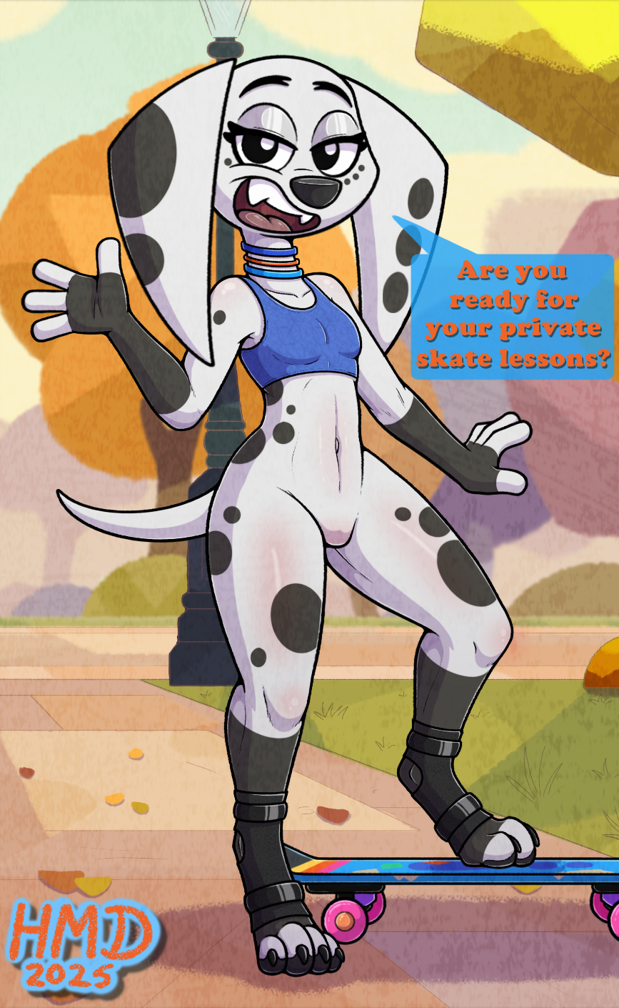 101 dalmatian street, 101 dalmatians, 2025, anthro, anthro female, anthro focus, anthro only, anthro solo, anthrofied, anthropomorphic, artist logo, black pawpads, black spots, blue shirt, bottomless, bottomless female, canid, canine, canis, claws, clothed, clothed anthro, clothed female, clothes, clothing, collar, complex background, dalmatian, detailed background, dialogue, digital media (artwork), disney, dog collar, dolly (101 dalmatians), domestic canine, domestic dog, english dialogue, english text, eyelashes, fangs, female, female anthro, female canine, female dog, female focus, female only, female solo, flat chest, half naked, half naked female, half nude, half nude female, hands, hi res, high resolution, highres, hmdkoba, humanoid, large ears, long ears, looking at viewer, mammal, open mouth, open smile, park, pawpads, paws, shaded, shirt, sid (101 dalmatians), skateboard, small chest, smile, smiling, smiling at viewer, solo, solo anthro, solo female, solo focus, spots, spotted body, spotted fur, t-shirt, tail, talking, talking to viewer, text, waving, waving at viewer, white body, white fur