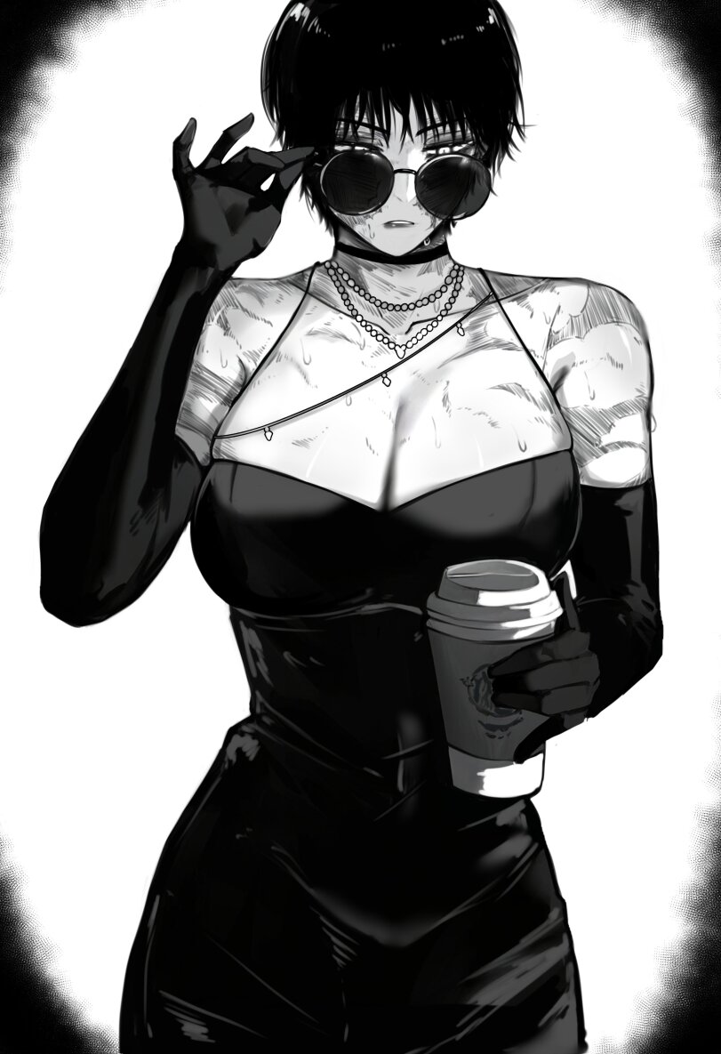 1girl, big breasts, black clothing, breasts, cleavage, clothing, coffee, coffee cup, dress, eyewear, female, glasses, hi res, jujutsu kaisen, maki zenin, masoq095, solo, tagme, zenin maki