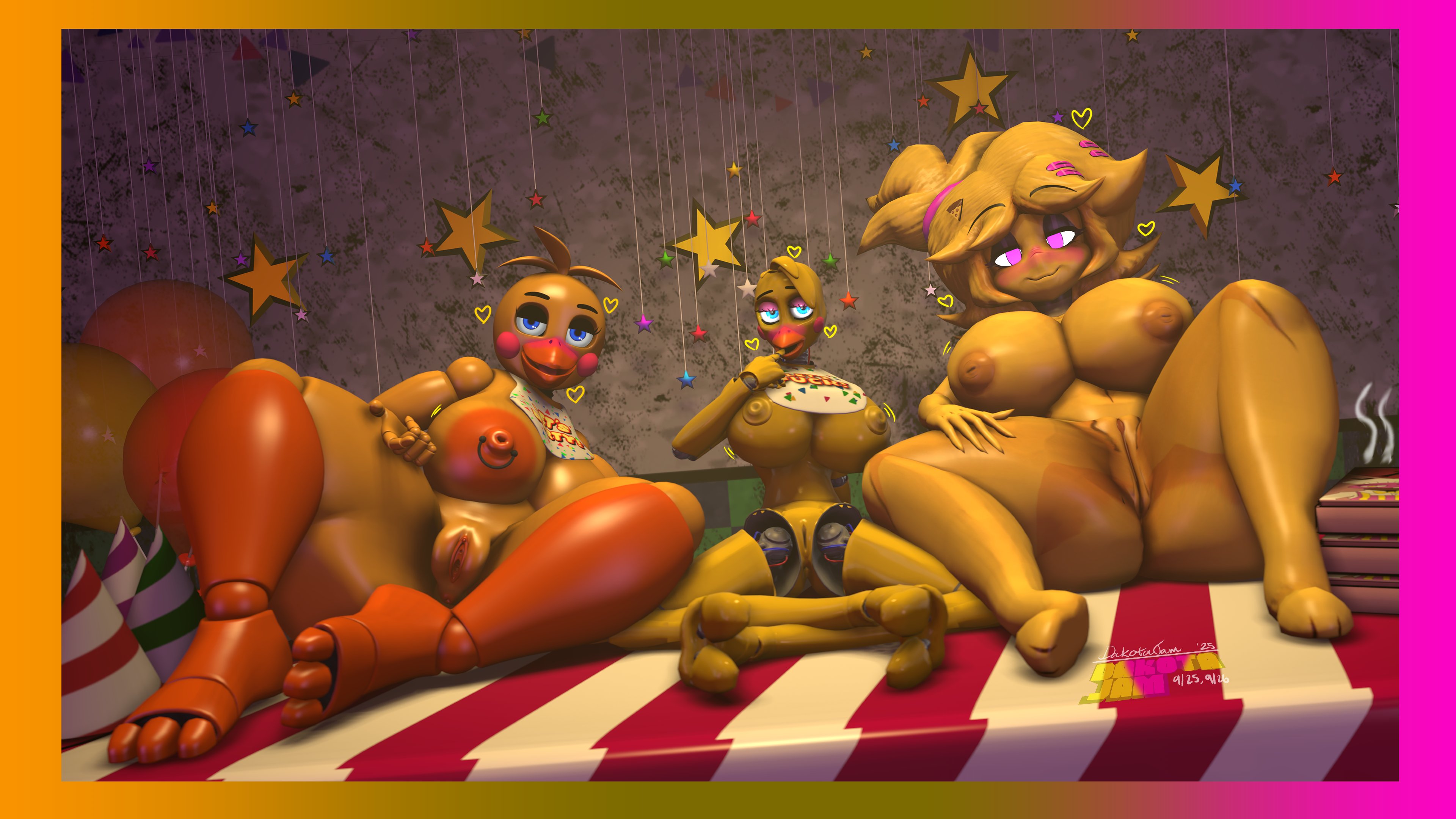 3d, 3girls, anthro, barefoot, beak, big breasts, breasts, chica (disembowell), chica (fnaf), chiku, chiku (cryptia), completely nude, completely nude female, dakotajamsfm, female, female only, five nights at freddy's, five nights at freddy's 2, fredina's nightclub, full body, heart symbol, looking at viewer, naked, naked female, nipple piercing, nude, nude female, pussy, runaboo chica, seductive look, tagme, thick thighs, toy chica (fnaf)