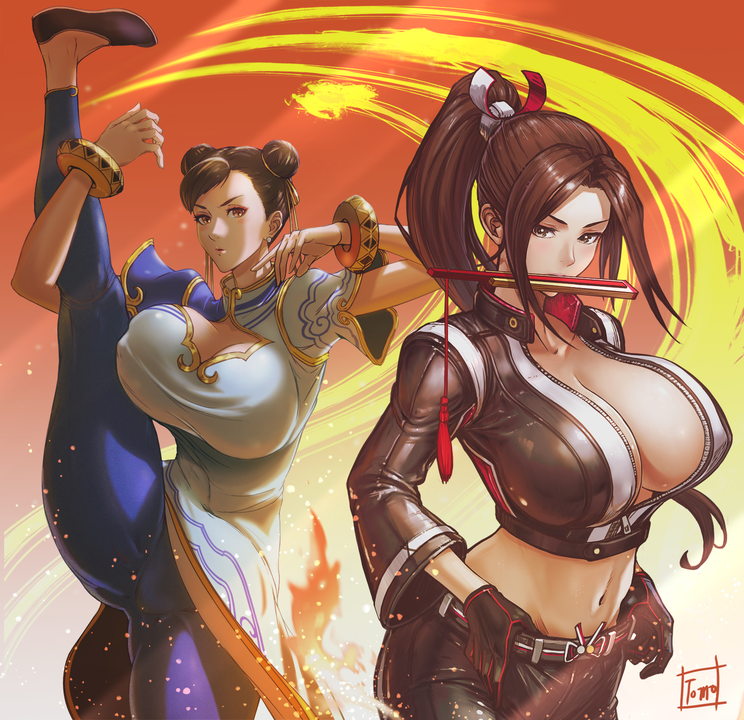 2girls, artist name, big breasts, black gloves, black jacket, black jumpsuit, black pants, bracelet, breast zipper, breasts, brown eyes, brown hair, capcom, china dress, chinese clothes, chun-li, chun-li (street fighter 6), cleavage, coat, commentary request, copyright name, crop top, cropped jacket, crossover, double bun, dress, fatal fury, female, female focus, female only, fighting stance, flexible, folded fan, folding fan, four tips to improve your girl power (meme), gloves, hair bun, hand fan, high ponytail, highres, holding, holding fan, jacket, jewelry, jumpsuit, large breasts, leather, leather pants, leg hold, long hair, looking at viewer, mai shiranui, mai shiranui (city of the wolves), matching hair/eyes, mouth hold, multiple females, multiple girls, navel, no bra, official alternate costume, pants, pelvic curtain, ponytail, print jacket, short hair, simple background, snk, spandex, street fighter, street fighter 6, thick thighs, thighs, tomo eokaiteru, yoga pants