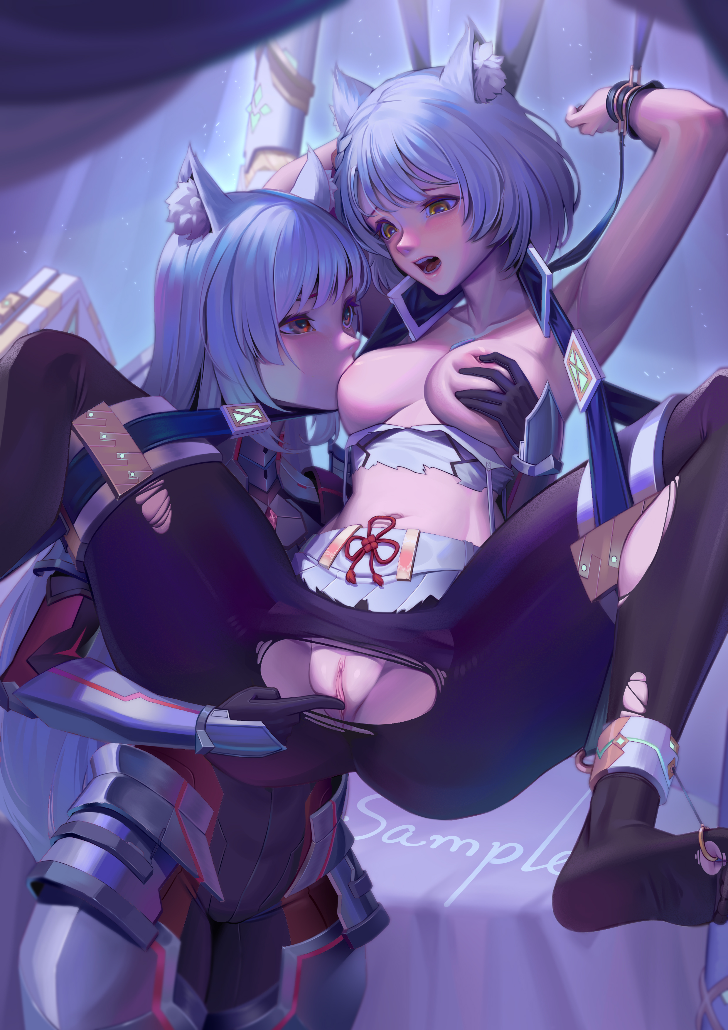 17yunzi, 2girls, absurdres, animal ears, armor, arms up, black pantyhose, bondage, bound, breast sucking, breasts, camisole, cat ears, catgirl, clothing cutout, crotch cutout, female, fingering, grabbing another's breast, grey hair, groping, h.an (516635864), highres, long hair, looking at another, m (xenoblade), mio (xenoblade), multiple females, multiple girls, nipple stimulation, nipple tweak, nipples, open mouth, pantyhose, pussy, selfcest, short hair, skirt, spoilers, suspension, torn camisole, torn clothes, torn pantyhose, torn skirt, uncensored, xenoblade (series), xenoblade chronicles 3, yuri