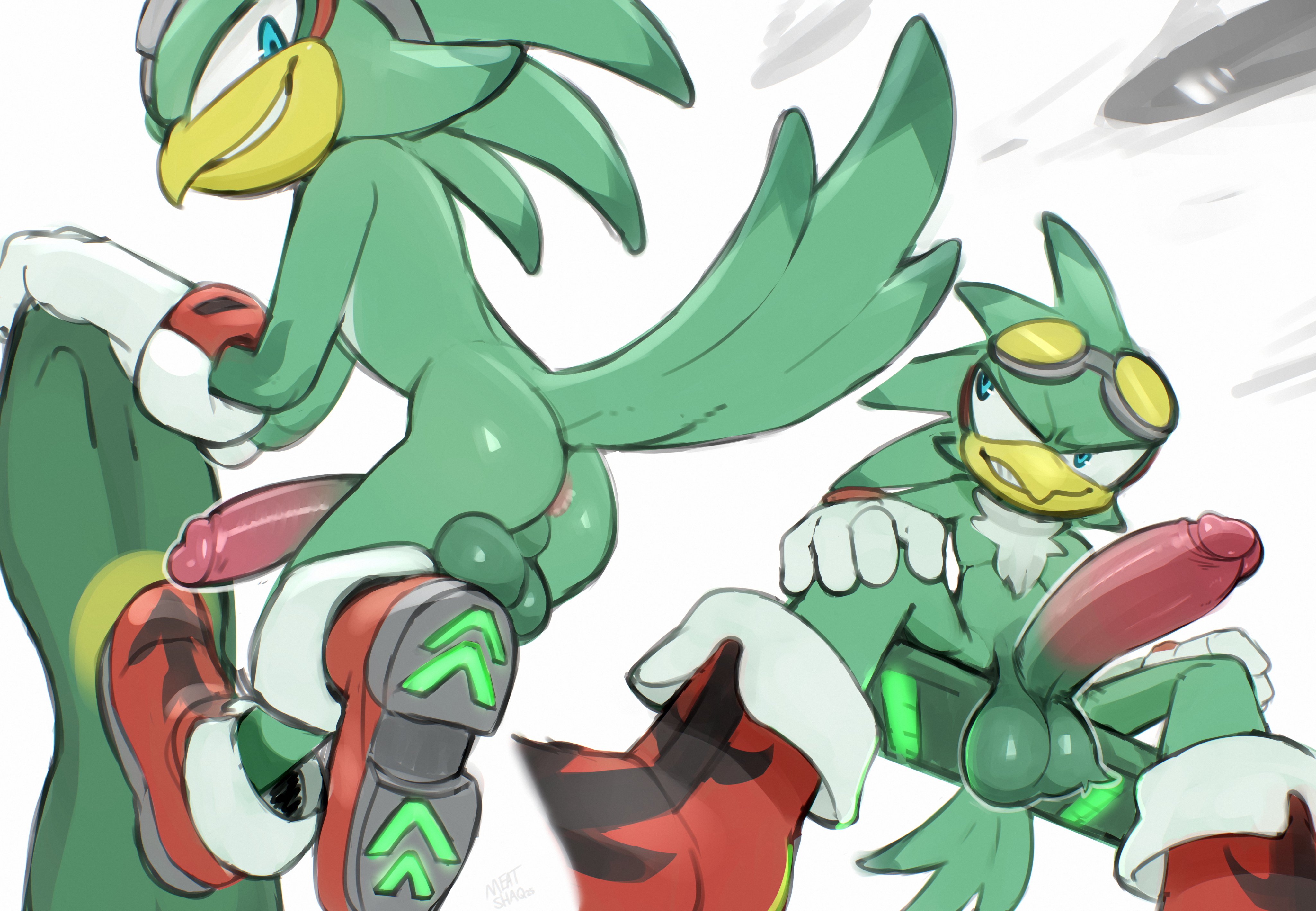 absurd res, accipitrid, accipitriform, anthro, anus, ass, avian, backsack, balls, ballsack, beak, big balls, big penis, bird, chest tuft, clothing, erection, extreme gear, eyewear, eyewear on head, feathers, footwear, footwear only, genitals, glans, gloves, goggles, goggles on head, green body, green feathers, grin, handwear, hi res, hoverboard, huge cock, humanoid genitalia, humanoid penis, jet the hawk, male, meatshaq, mostly nude, penis, sega, shoes, shoes only, sitting, smile, solo, sonic (series), sonic riders, sonic the hedgehog (series), tail, tail feathers, teeth, toothed beak, tuft