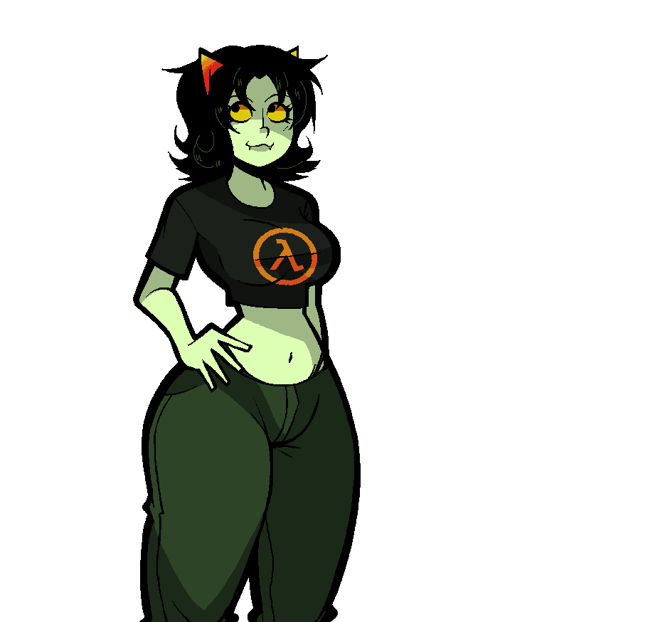 alternian, crop top, fangs, half-life (series), half-life reference, homestuck, homestuck troll, horns, logo, nepeta leijon, simple background, tagme, troll, white background, wide hips, yellow eyes, yellow sclera, ykujo