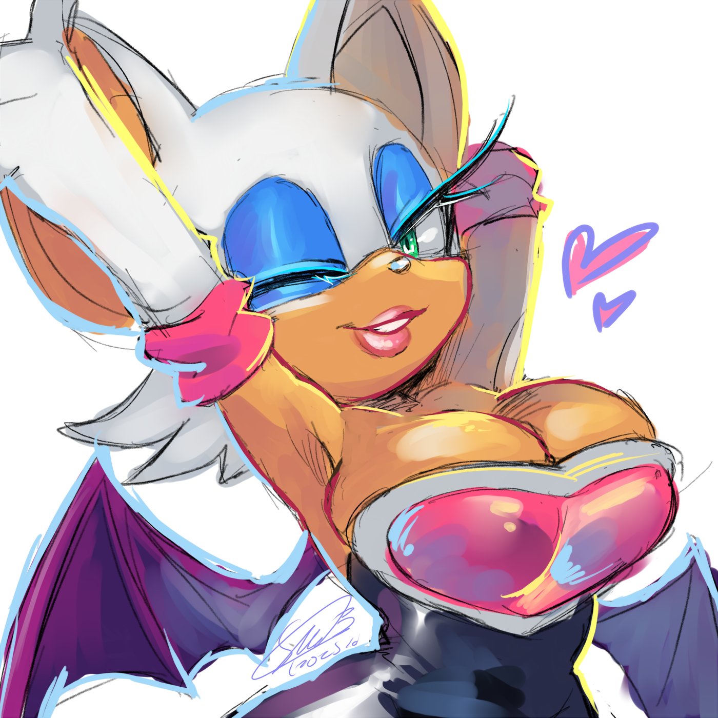 1girls, anthro, anthro female, barely contained breasts, barely fits, bat ears, bat wings, big breasts, breasts, busty, cleavage, elbow gloves, eyeshadow, female, female anthro, female only, fsonic3, furry, furry female, green eyes, heart, huge breasts, imminent wardrobe malfunction, large breasts, lips, lipstick, makeup, mobian (species), redraw, rouge the bat, signature, smile, solo, sonic (series), sonic racing crossworlds, sonic the hedgehog (series), tagme, wings, wink, winking, winking at viewer
