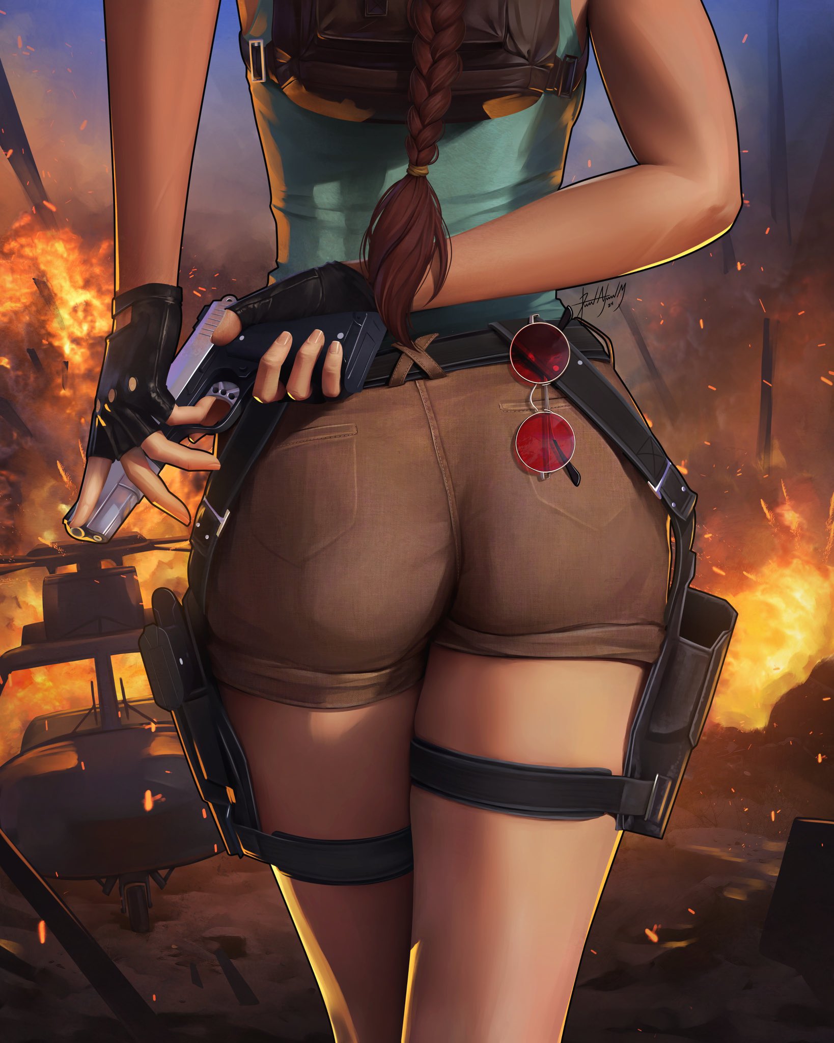 1girl, arm behind back, ass, ass focus, belt, black gloves, braid, brown hair, brown shorts, dalejomej, embers, fingerless gloves, fire, from behind, gloves, gun, handgun, head out of frame, holding, holding gun, holding weapon, holster, lara croft, lara croft (classic), long hair, outdoors, pouch, short shorts, shorts, signature, single braid, solo, standing, tagme, tank top, thigh strap, thighs, tomb raider, tomb raider (classic), weapon