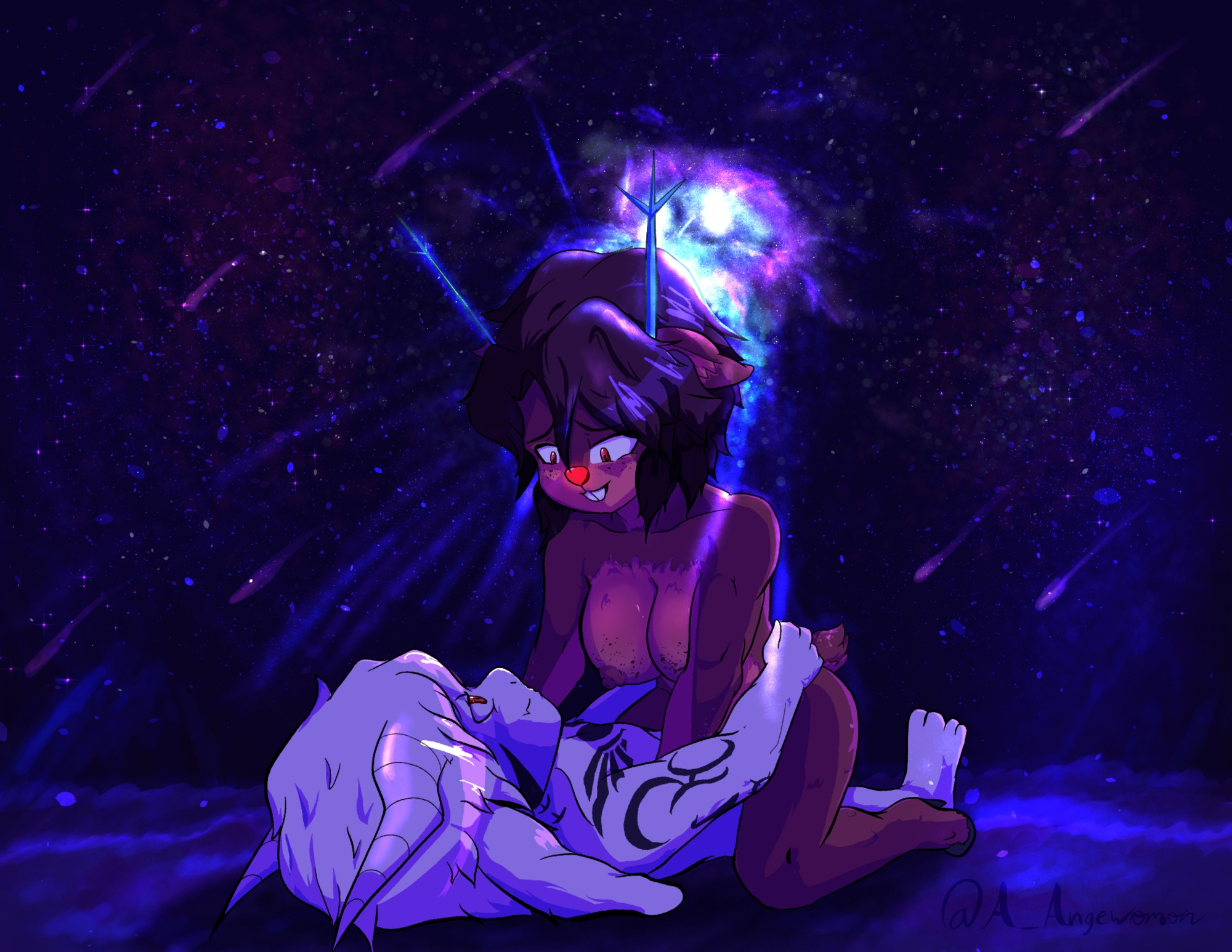 1boy, 1boy1girl, 1girls, a-angewomon, ambiguous penetration, anthro, asriel dreemurr, breasts, couple, cowgirl position, december holiday, deer girl, deer tail, deltarune, dess holiday, dominant female, female, female on top, female penetrated, furry, goat, goat boy, happy, happy sex, large breasts, longing eyes, love, love making, lying, male, male/female, naked, naked female, naked male, red eyes, red nose, reindeer, reindeer antlers, sex, short hair, starry sky, undertale, undertale (series)