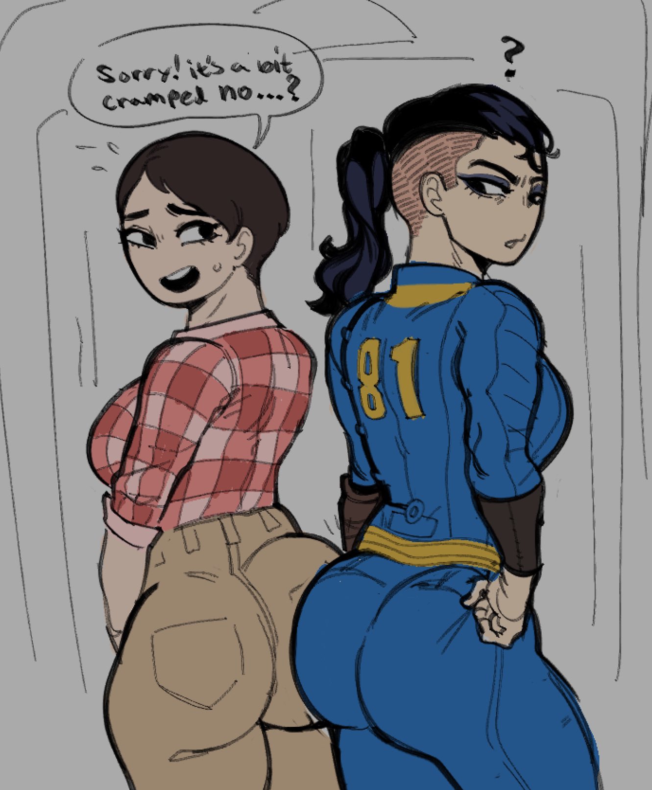 2girls, big ass, clothing, curie (fallout 4), fallout, fallout 4, female, human, oc, sixbensoap, tagme, tina de luca, vault dweller, vault suit