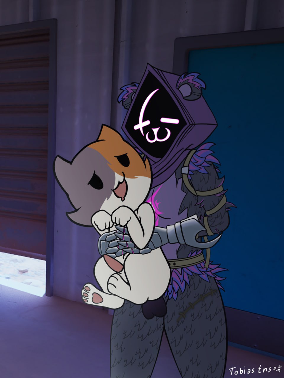 anthro on feral, cub, cum, duo, feline, feral, feratobiastns (artist), fortnite, furry, futa on feral, futanari, hood, intersex, kit (fortnite), lifting, male, male cub, male focus, penis, raven team leader, young