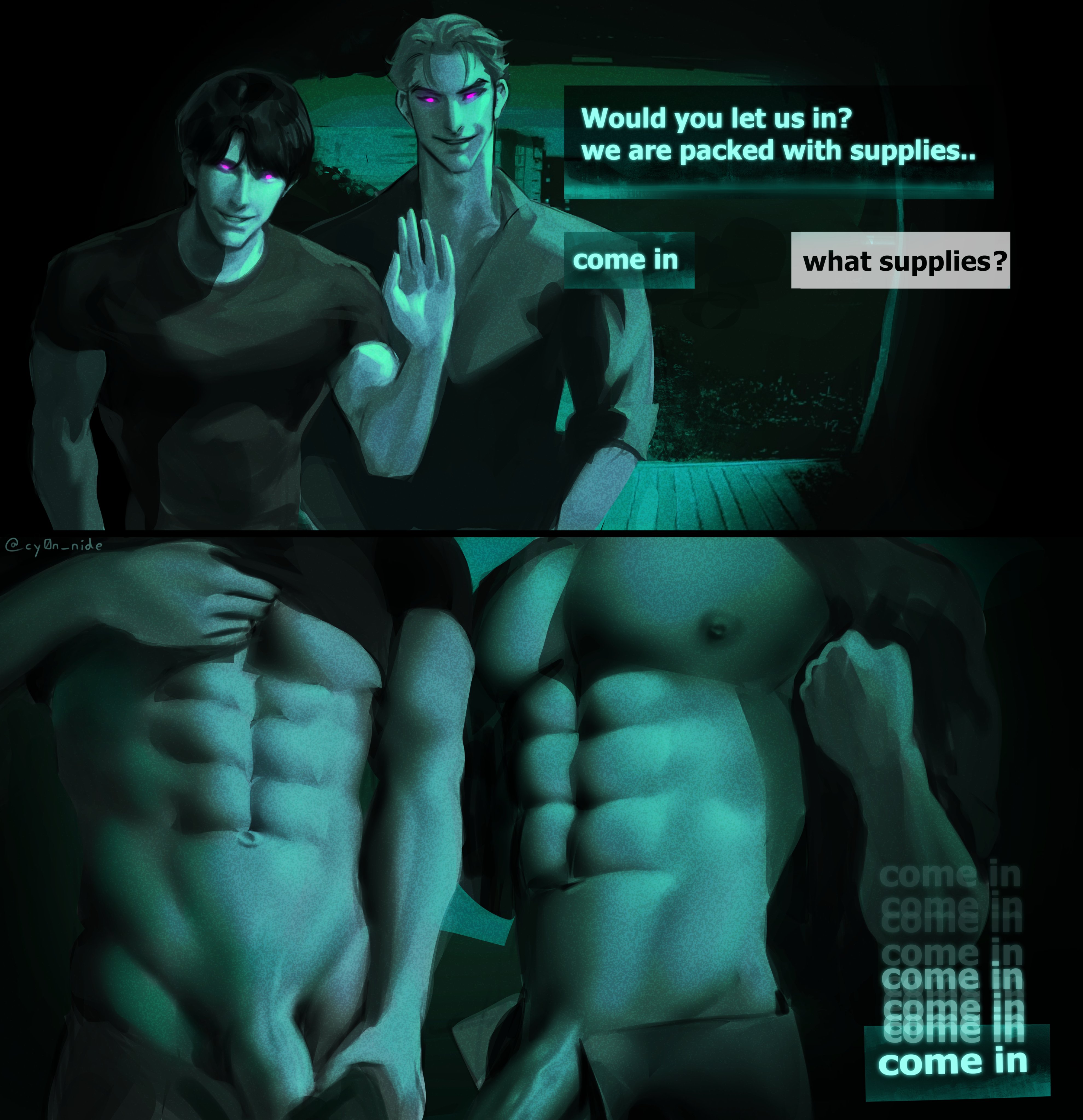 2boys, abby (kpop demon hunters), crossover, cy0n nide, cyonide, demon, english text, evil eyes, jinu (kpop demon hunters), kpop demon hunters, male, male only, male/male, meme, muscular, muscular male, no, i'm not a human, no, i'm not a human (meme), penis, saja boys, text