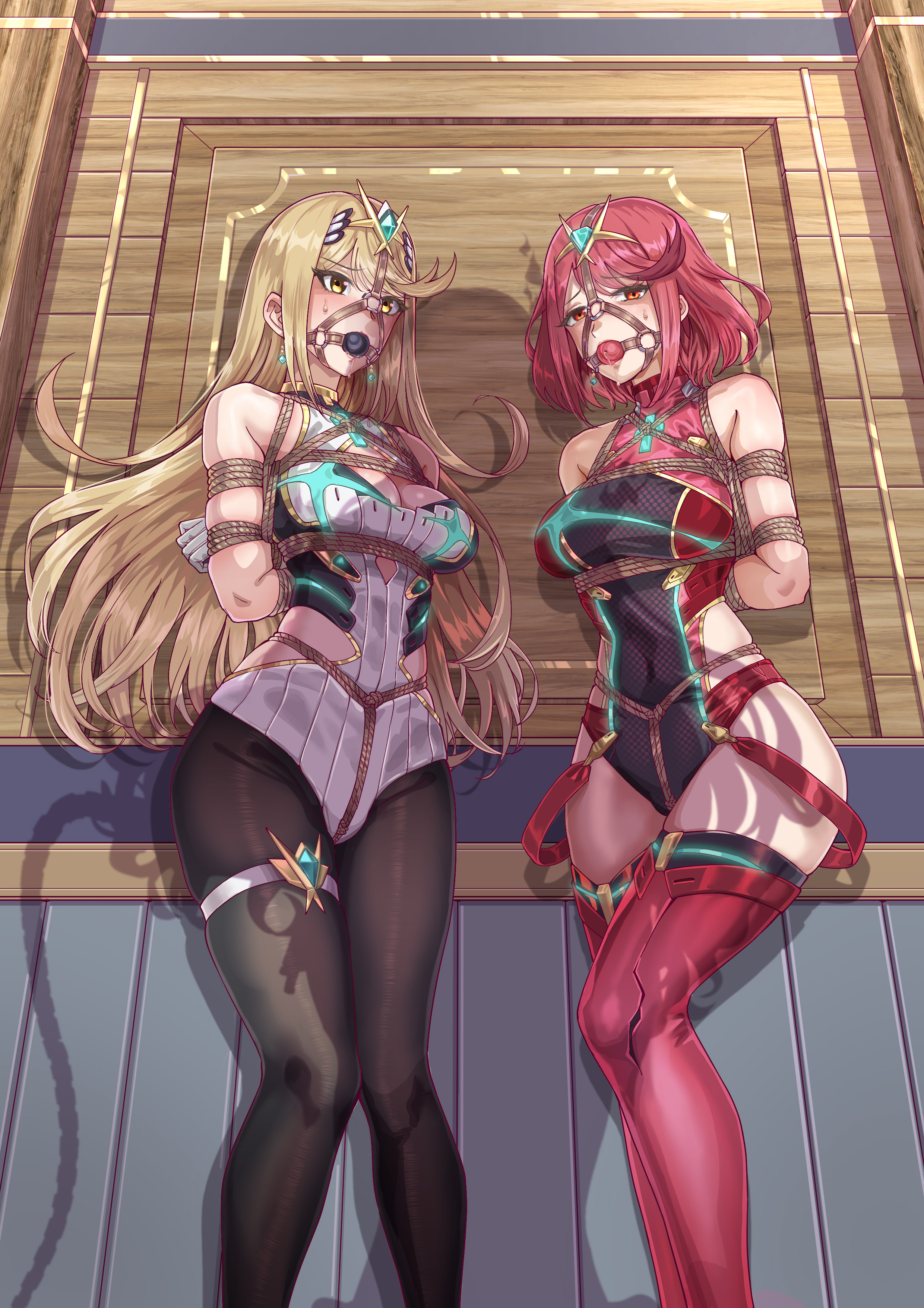 3girls, absurdres, ball gag, blonde hair, bondage, bound, breasts, brighid (xenoblade), captured, cleavage, cleavage cutout, clothing cutout, female, female only, femdom, fully clothed, gag, gagged, harness gag, highres, kidnapped, leveen, looking at viewer, multiple females, multiple girls, mythra (massive melee) (xenoblade), mythra (xenoblade), pyra (xenoblade), red eyes, red hair, rope, scared, shadow, shaking, sweat, swept bangs, thigh strap, thighs, tiara, xenoblade chronicles (series), xenoblade chronicles 2, yellow eyes