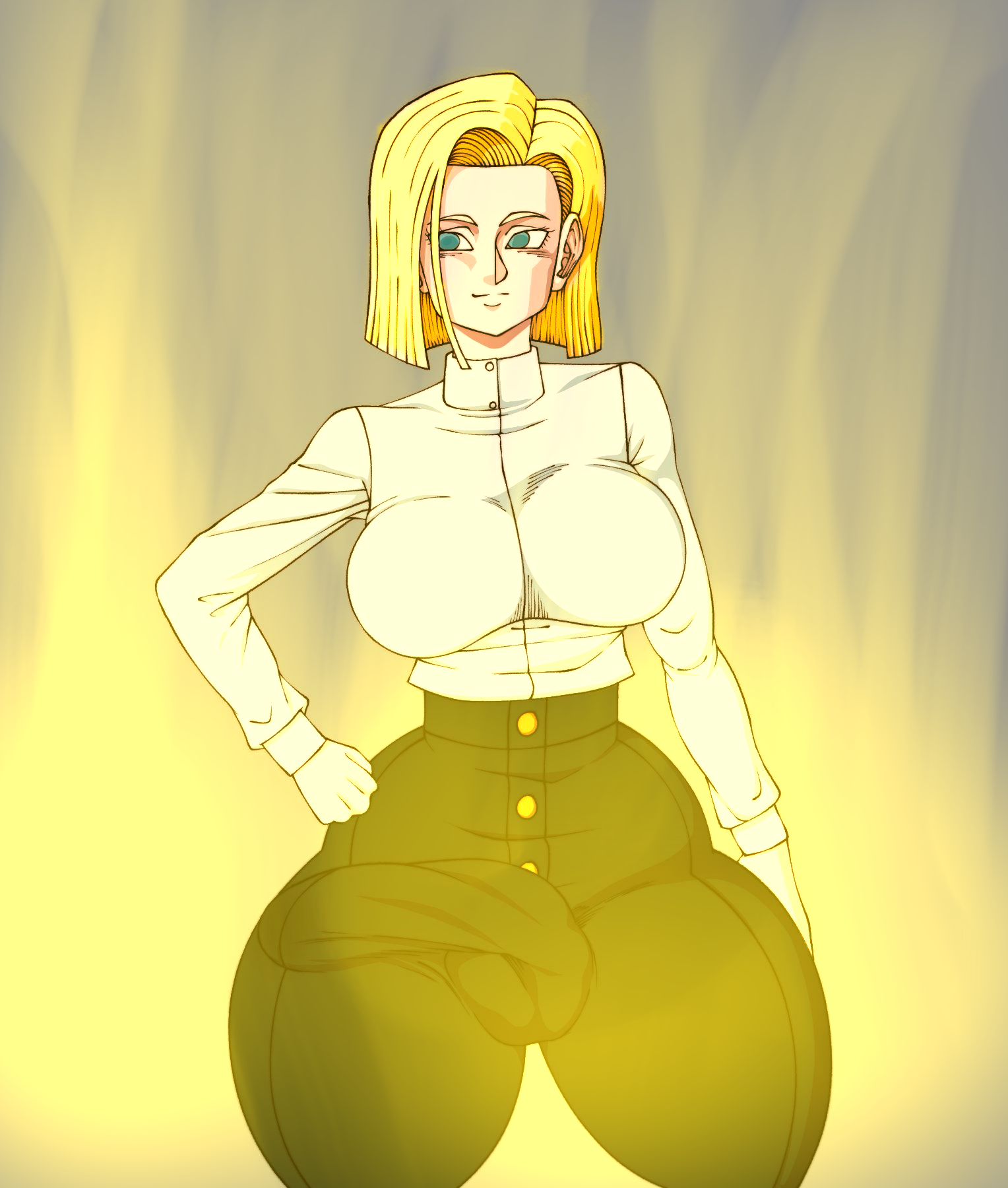 1futa, android 18, big breasts, blonde hair, blue eyes, breasts, bulge, bulge through clothing, bulge to side, dragon ball, dragon ball z, futanari, hashimiro takahi, intersex, penis, penis outline, solo, super saiyan