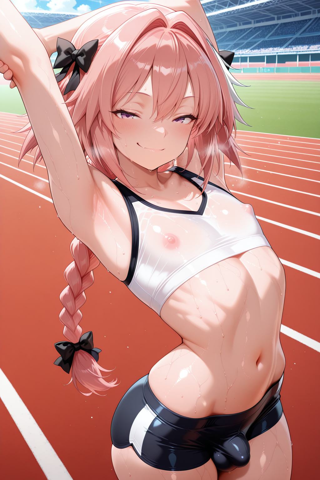 1boy, ai generated, arbitrary, armpits, astolfo (fate), braid, bulge, femboy, male, nipples visible through clothing, otoko no ko, pink hair, sportswear, sweat, track and field