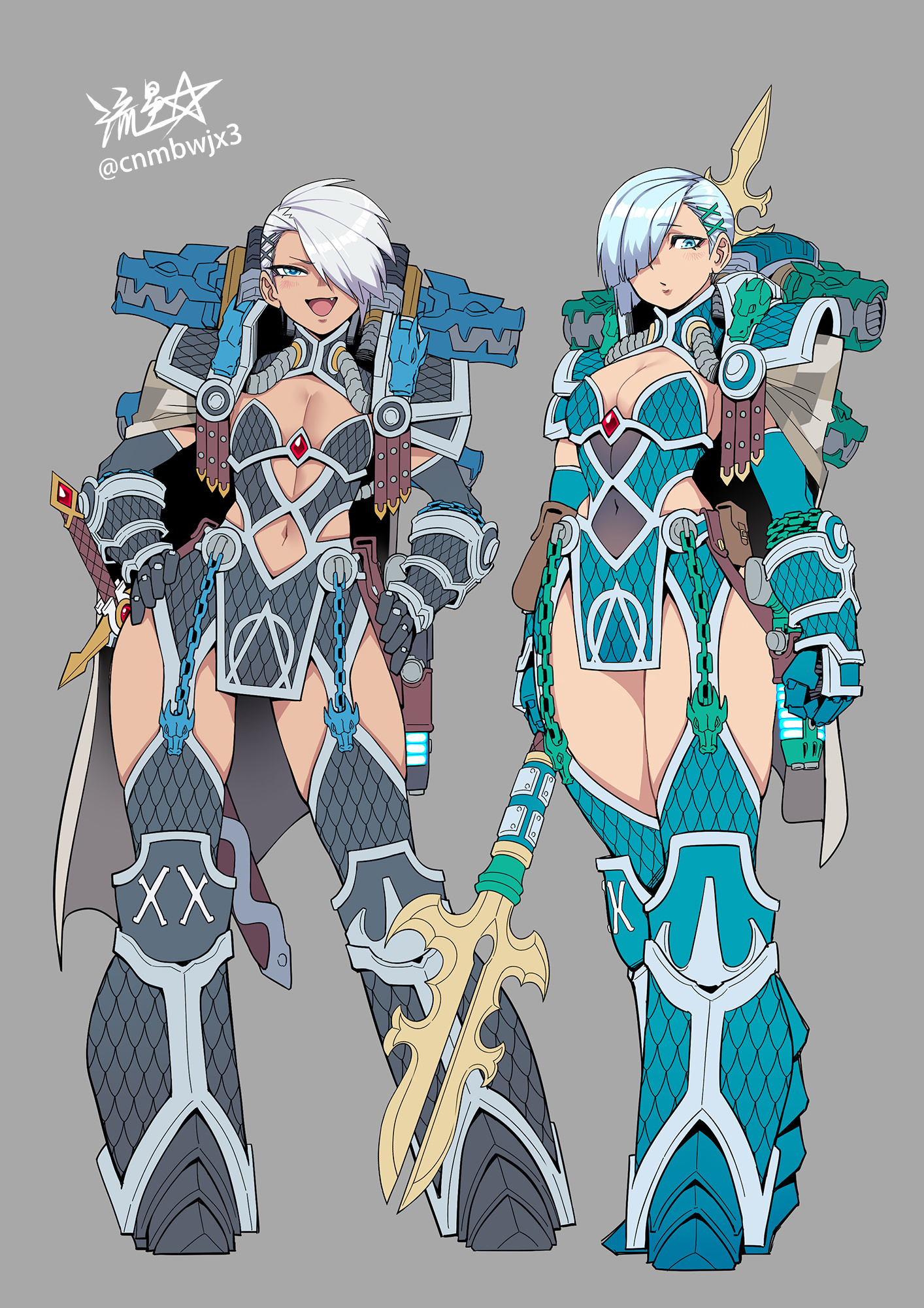 1girls, 2girls, alpharius, belly, belly button, blue eyes, boob window, breasts, child bearing hips, cnmbwjx, female, female focus, female only, genderswap (mtf), long hair, no bra, omegon, pose, posing, primarch, rule 63, ryuusei (mark ii), thick hips, thick legs, thick thighs, warhammer (franchise), warhammer 40k, white body, white hair, white skin