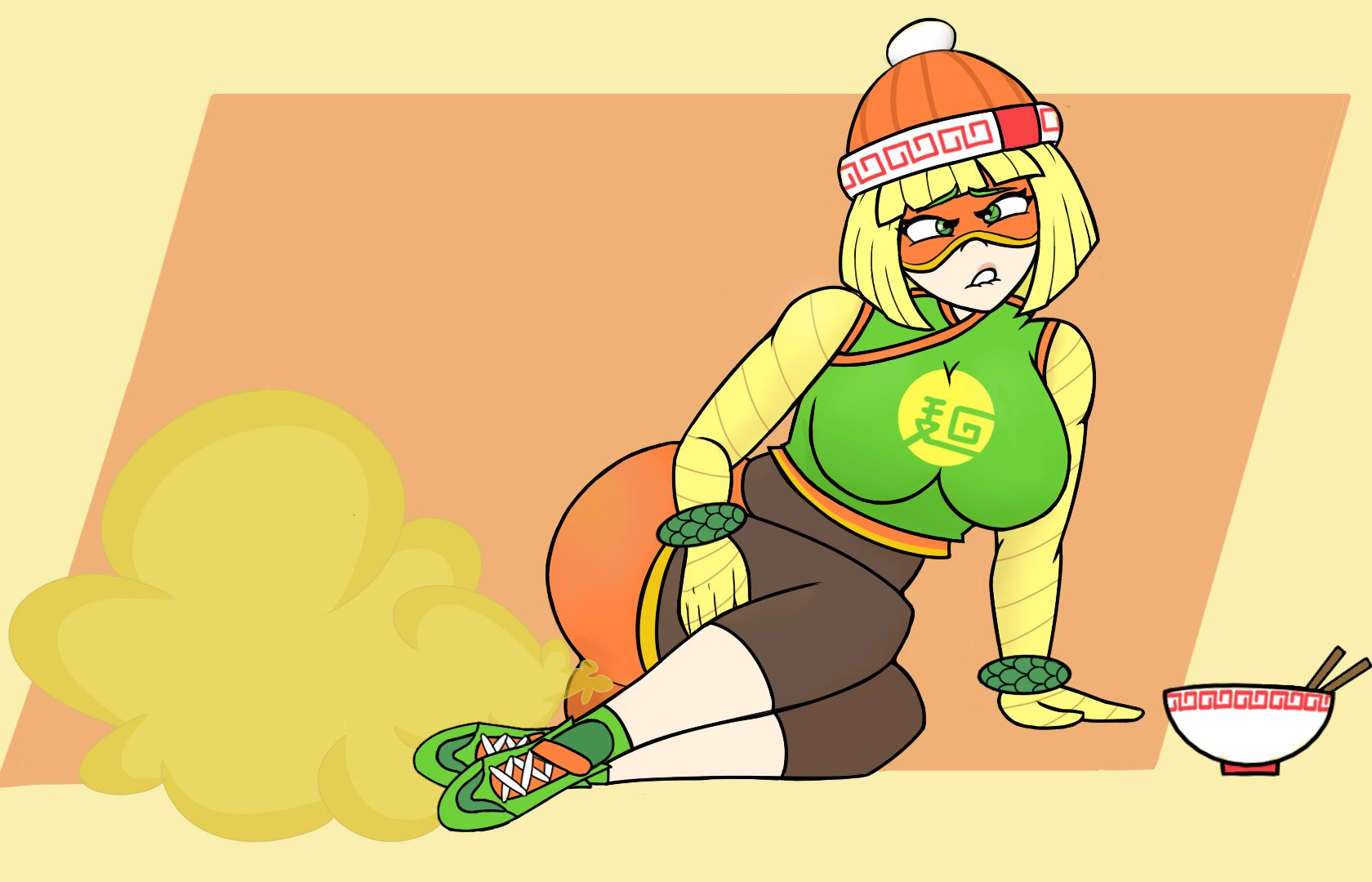 arms (game), boobs, butterknife742, fart, fart cloud, fart fetish, farting, female, green eyes, min min (arms), nintendo