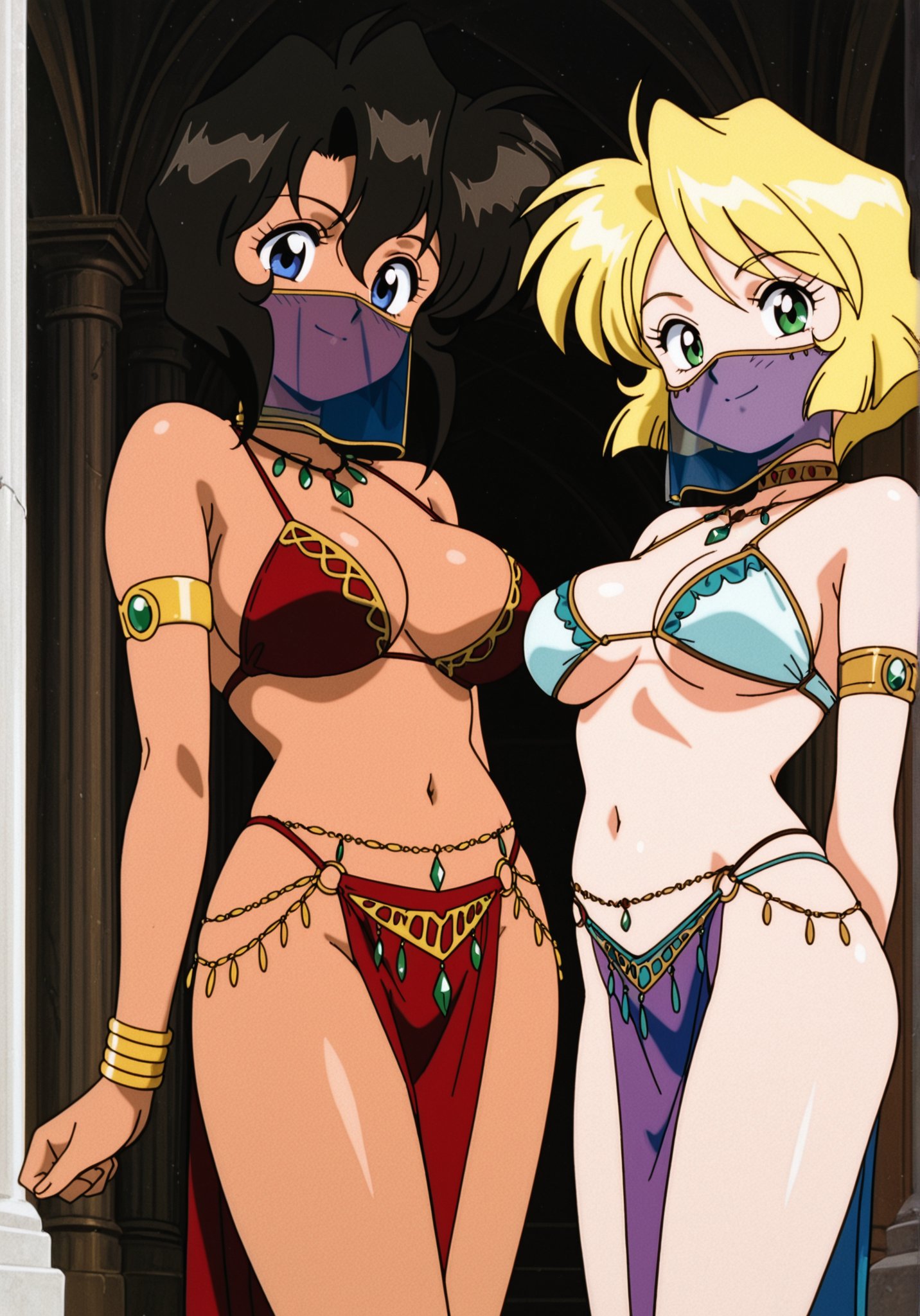 2girls, ai generated, airetromonger, blonde hair, blue eyes, bra, brown hair, dark skin, dark-skinned female, female, green eyes, gunsmith cats, harem, harem outfit, jewelry, light skin, light-skinned female, looking at viewer, minnie may hopkins, pelvic curtain, rally vincent