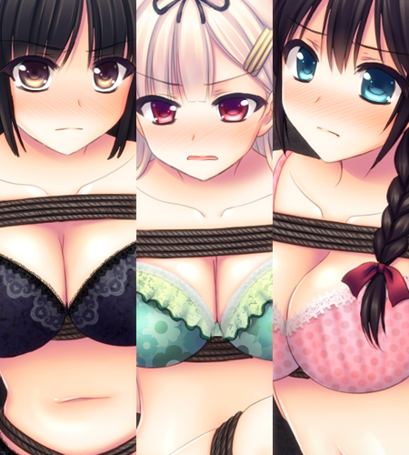 3girls ahoge black_hair blonde_hair blue_eyes bondage bra braid breasts hair_ornament hair_ribbon hairclip hiyou_(kantai_collection) kantai_collection long_hair lowres multiple_girls panties personification red_eyes ribbon shigure_(kantai_collection) single_braid takano_miki underwear yuudachi_(kantai_collection)