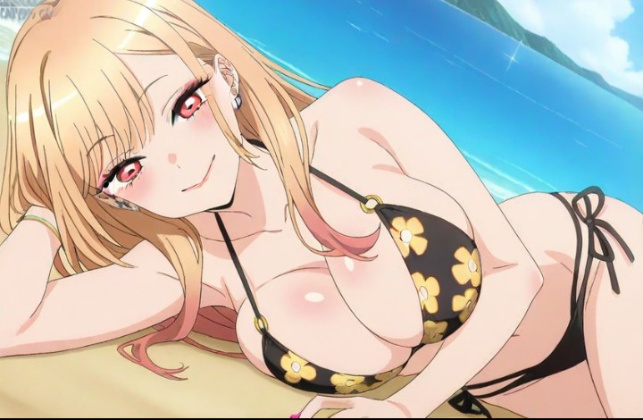 1girls, ai generated, beach, big breasts, bikini, blonde hair, blush, breast focus, breasts, curvy, female, front view, kitagawa marin, sand, sexy, smile, solo, sono bisque doll wa koi wo suru