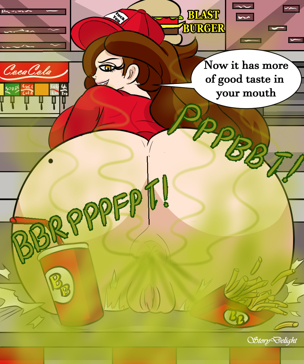 1girls, alternate version available, ass, ass bigger than head, asshole, bbw, blair (gobrush), breasts, brown hair, chubby, chubby female, del-kingful, fart, fart cloud, fart fetish, farting, farting at viewer, fast food, fast food uniform, fat ass, female, female only, food, gigantic ass, huge ass, human, human only, light skin, light-skinned female, mammal, massive ass, mature, mature female, no panties, pants, pants down, plump, pussy, small breasts, smelly, smirk, thick thighs, wide hips