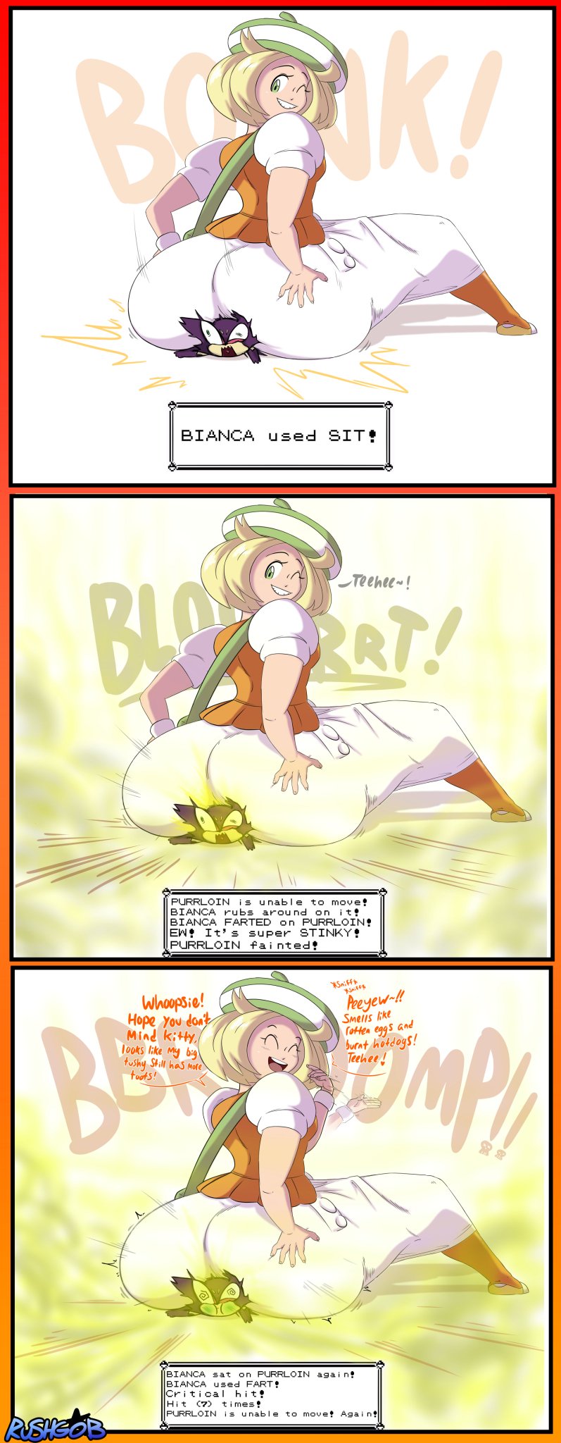 ass, bag, beret, bianca (pokemon), big ass, big butt, blonde hair, bracelet, brap, bubble ass, bubble butt, closed eyes smile, comic, dialogue, dress, enjoying farts, fanning, fanning self, fart, fart cloud, fart fetish, farting, farting at viewer, farting on another, female, gameplay mechanics, gobrush, huge ass, looking down, nintendo, peeyew, pokemon, pokemon bw, purrloin, rushgob, sex, short hair, smell, smelly, smelly ass, smile, smiling, stink mention, stinky, stinky ass, text, thighhighs, yoshizilla