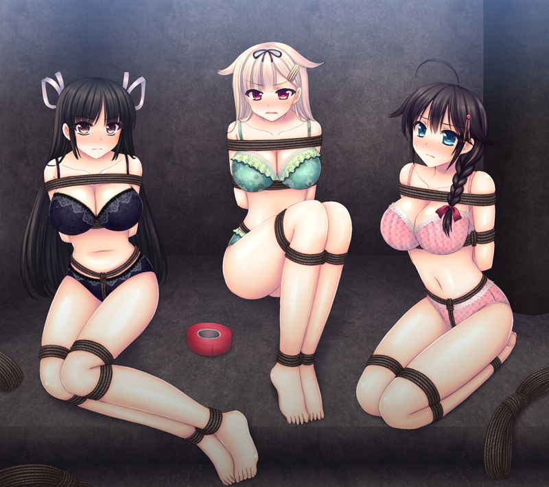 3girls ahoge black_hair blonde_hair blue_eyes bondage bra braid breasts hair_ornament hair_ribbon hairclip hiyou_(kantai_collection) kantai_collection long_hair multiple_girls panties personification red_eyes ribbon roll_of_tape shigure_(kantai_collection) single_braid takano_miki tape underwear yuudachi_(kantai_collection)