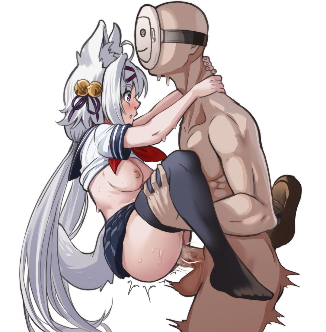1boy, 1female, 1girls, 1male, 2025, 2d, 2d (artwork), accessory, animal humanoid, ass, breasts, breasts out, clothed, clothed female, clothed sex, clothing, faceless male, female, female penetrated, filian, filian (vtuber), hair, hair accessory, human, human male, humanoid, indie virtual youtuber, kemonomimi, legwear, light-skinned female, male, male penetrating, male penetrating female, masked, masked male, nico-mo, penetration, penile, penile penetration, penis, pussy, rindo (vrchat), school uniform, sex, simple background, skirt, small breasts, stand and carry position, standing sex, suspended congress, tail, thighhighs, vaginal penetration, virtual youtuber, white background, white hair, white tail