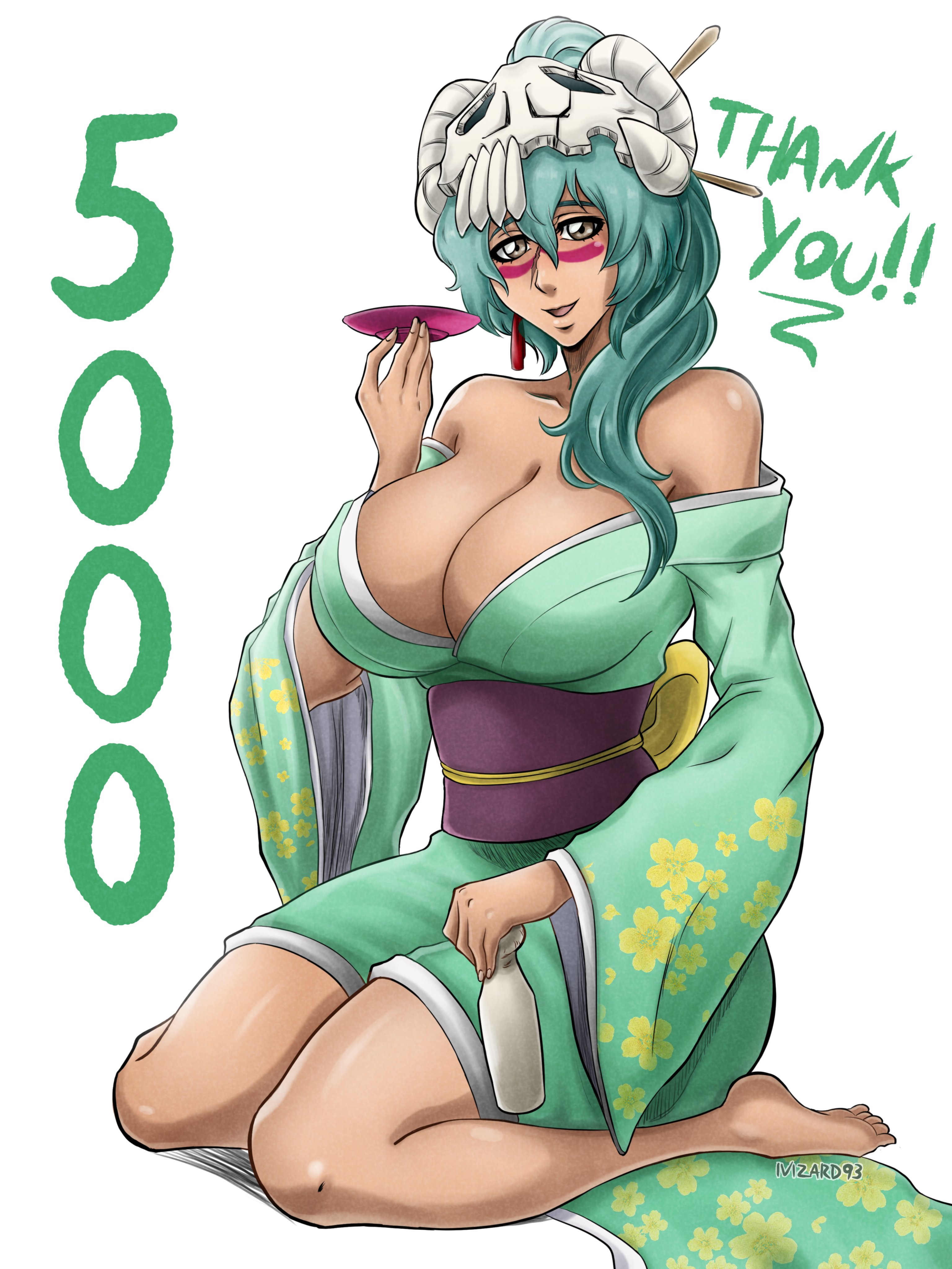 1girls, bare shoulders, bleach, brown eyes, female, female only, green hair, huge breasts, ivizard, japanese clothes, kimono, kneeling, looking at viewer, nelliel tu odelschwanck, skull on head, voluptuous