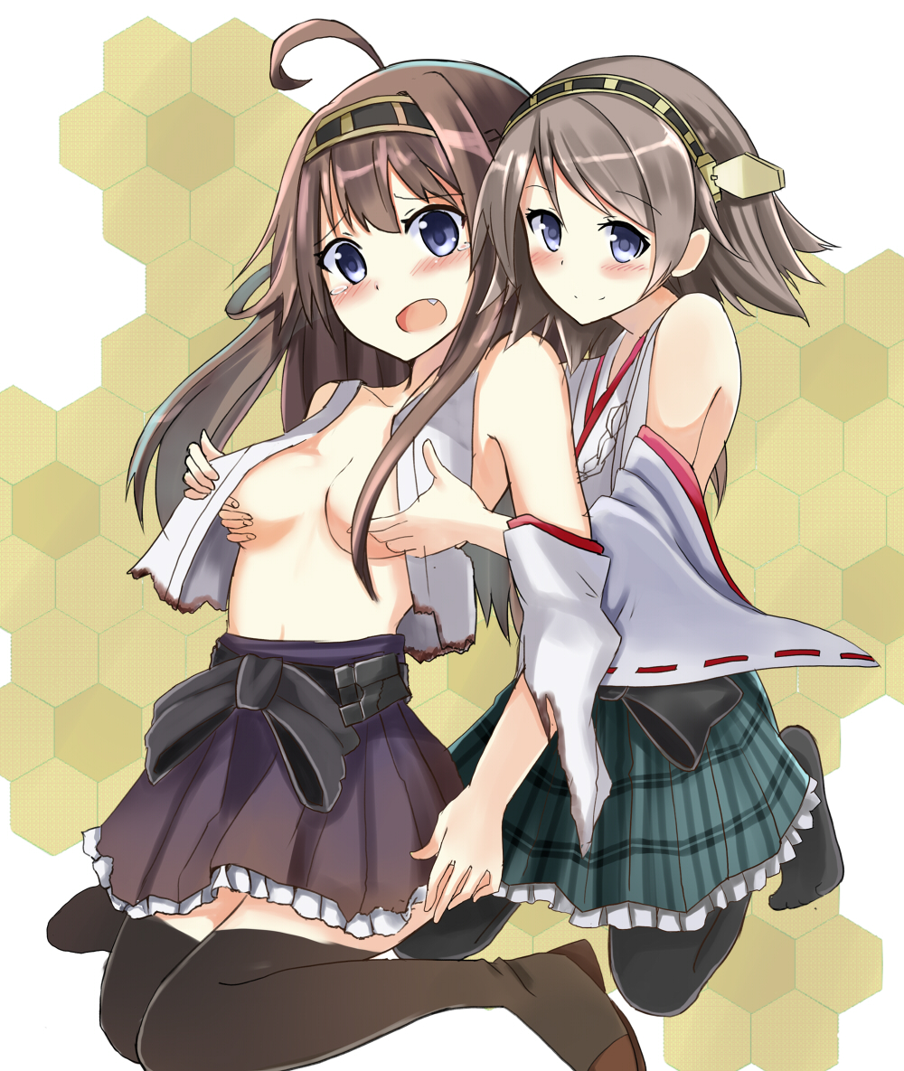 2girls ahoge bare_shoulders black_legwear blue_eyes blush breast_hold breasts brown_hair cute_fang detached_sleeves hairband hiei_(kantai_collection) kantai_collection kongou_(kantai_collection) long_hair multiple_girls okutomi_fumi open_mouth plaid plaid_skirt short_hair skirt thighhighs