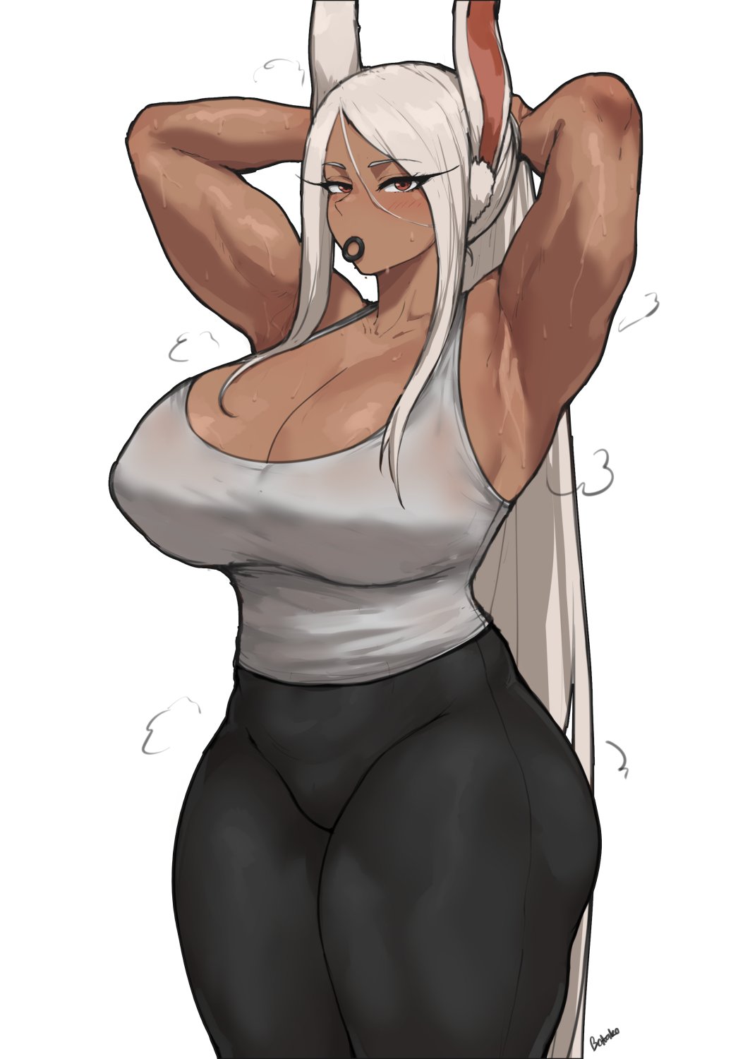 1girls, adjusting hair, anime, armpits, athletic, athletic female, bakaatako, batako, big breasts, boku no hero academia, breasts, clothed, clothed female, dark skin, dark-skinned female, female, female focus, female only, huge breasts, large boobs, large breasts, long hair, long hair female, manga, miruko, my hero academia, rabbit, rabbit ears, rabbit girl, rumi usagiyama, solo, solo female, solo focus, superheroine, tank top, toned, toned female, usagiyama rumi, white hair, white hair female
