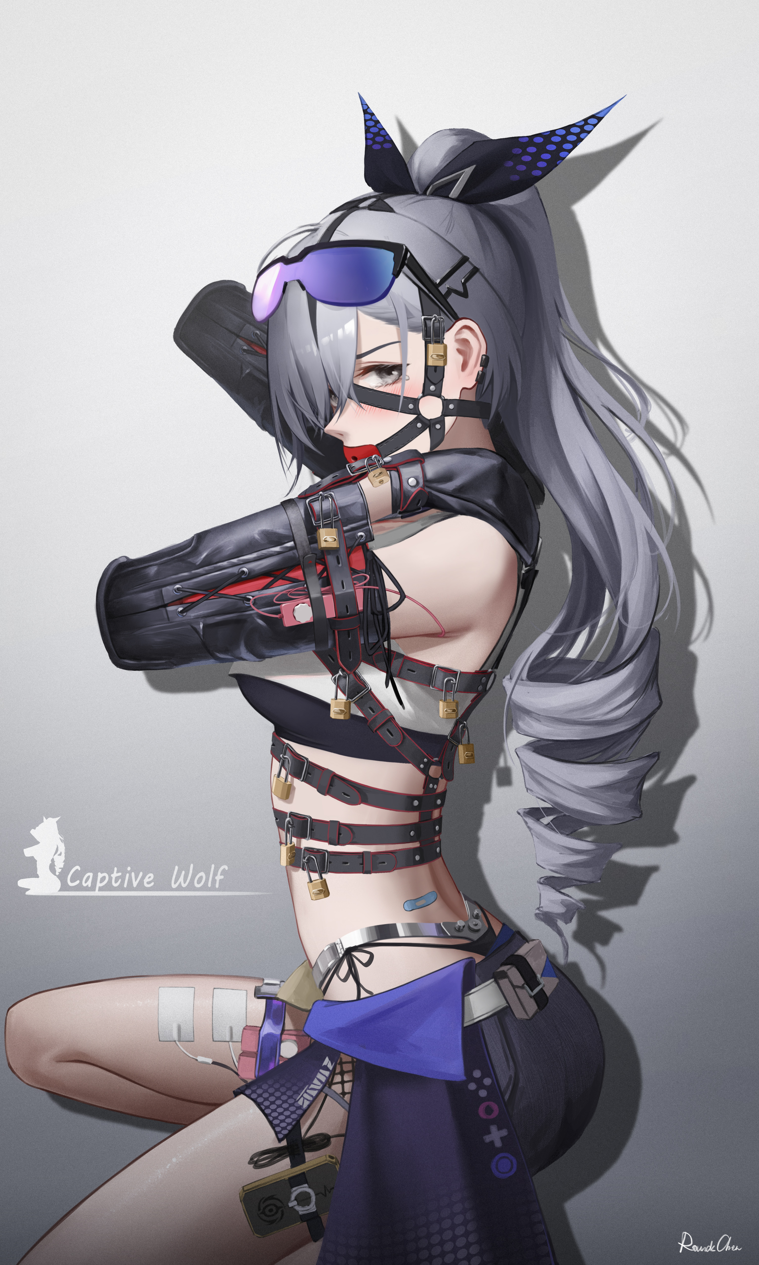 1girls, absurdres, ball gag, bandaid, bitchsuit, bondage, bondage mittens, bound, bound arms, breasts, chastity belt, chastity device, drill hair, drill ponytail, earrings, electrostimulation, eyewear on head, female, female chastity, female only, femsub, gag, gag harness, gagged, gradient background, grey background, grey eyes, grey hair, hair ornament, hair ribbon, hairclip, harness gag, highres, honkai (series), honkai: star rail, jewelry, kneeling, lock, long hair, looking at viewer, medium breasts, padlock, pet play, petplay, ponytail, ribbon, roundschen, sex toy, shorts, signature, silver wolf (honkai: star rail), solo, sunglasses, vibrator, vibrator in thigh strap, wiffle gag