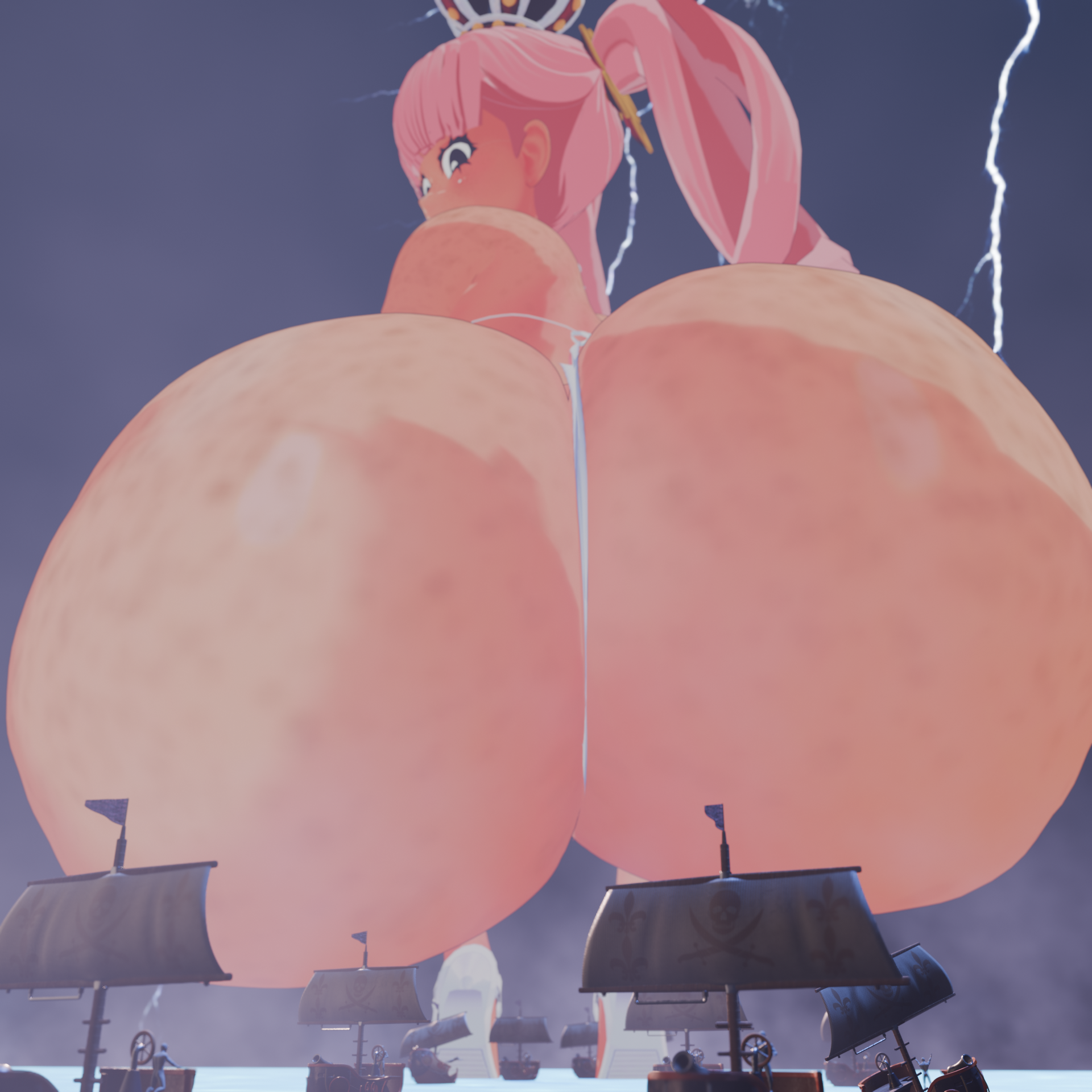 3d, 3d artwork, anime, anon, anonymous male, ass focus, big ass, blenderbser420, crown, female, freckles, giantess, gigantic ass, horohoroctober, huge ass, lightning, looking back, looming, macro, male, manga, micro, micro bikini, ocean, one piece, perona, perona (one piece), pink hair, pirate ship, squinting, tagme, tan, thong, twintails, twintails (hairstyle)