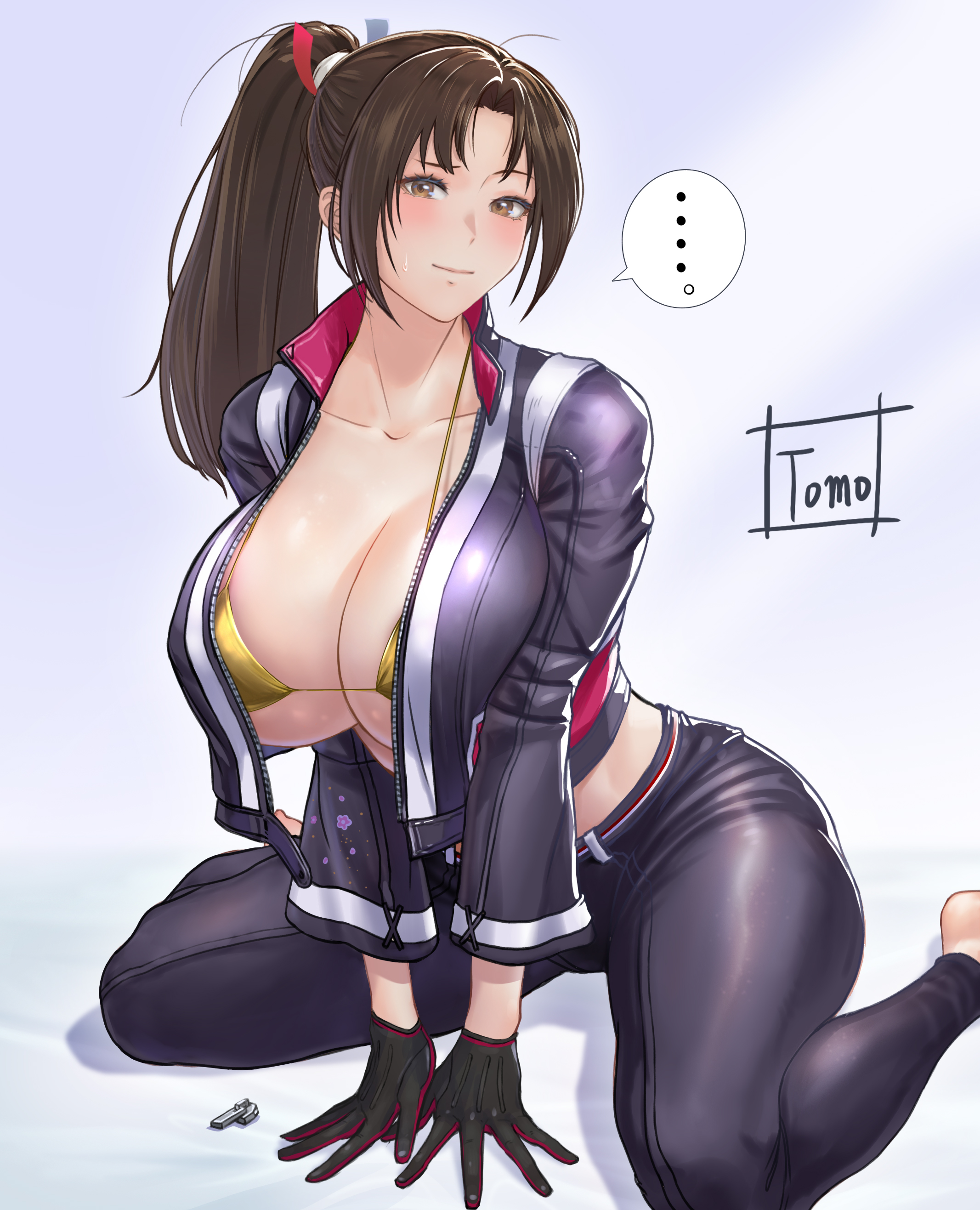 ..., 1girls, absurdres, artist name, between legs, bikini, bikini under clothes, black gloves, black pants, breasts, brown eyes, brown hair, cleavage, closed mouth, commentary request, cropped jacket, fatal fury, female, female only, gloves, gold bikini, golden week, hand between legs, high ponytail, highres, huge breasts, mai shiranui, mai shiranui (city of the wolves), midriff, motoyui, pants, ponytail, sitting, speech bubble, spoken ellipsis, street fighter, street fighter 6, swimsuit, tomo eokaiteru, wariza