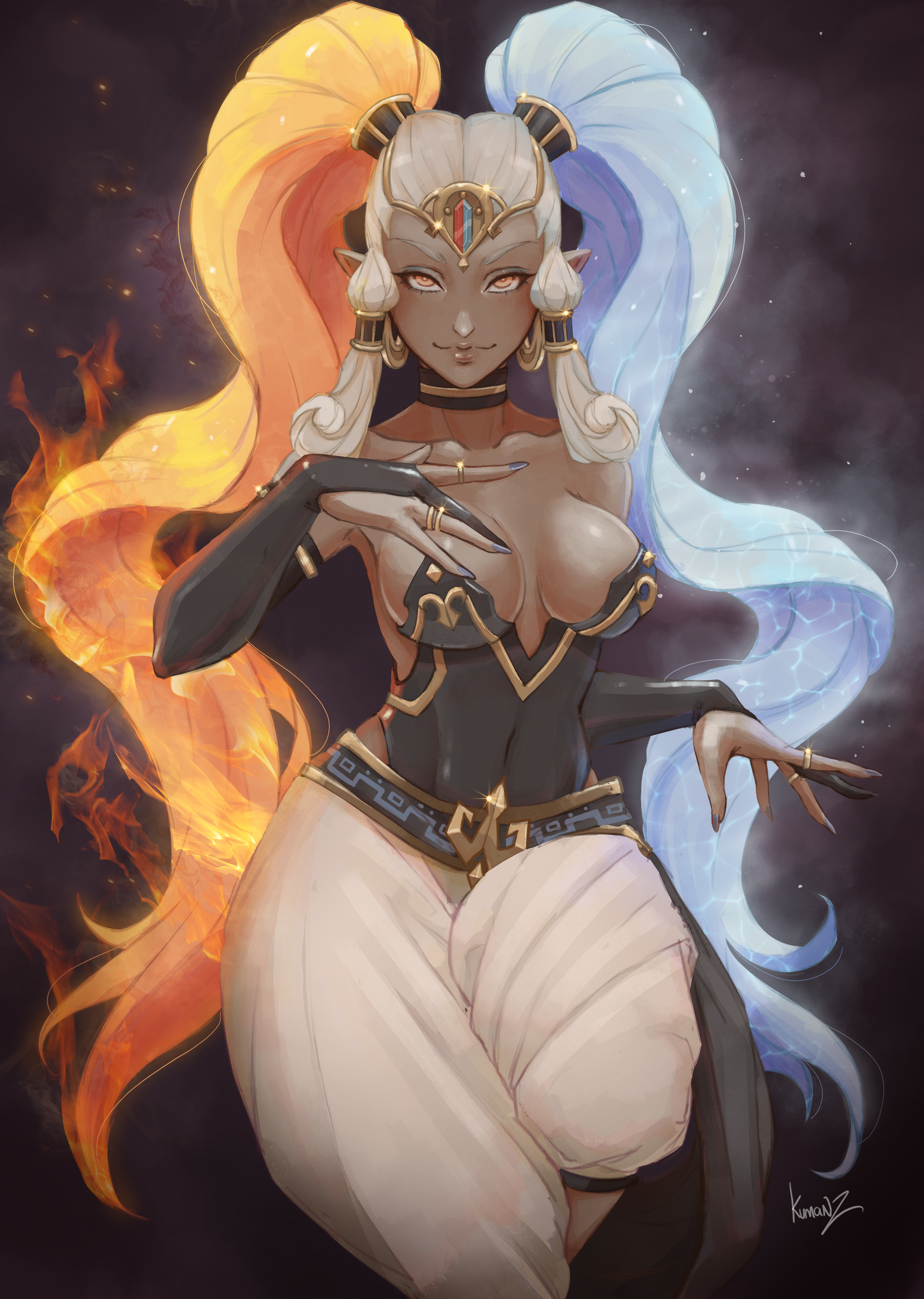absurdres, baggy pants, bare shoulders, blue fire, breasts, bridal gauntlets, choker, closed mouth, collarbone, covered navel, dark skin, dark-skinned female, earrings, embers, female, fiery hair, fire, gerudo, grey hair, hand up, highres, ice, jewelry, kumanz, leotard, lips, long hair, looking at viewer, mature female, medium breasts, multicolored hair, nintendo, ocarina of time, orange hair, pants, pointy ears, ring, sidelocks, smile, solo, strapless, strapless leotard, the legend of zelda, tiara, twinrova, very long hair